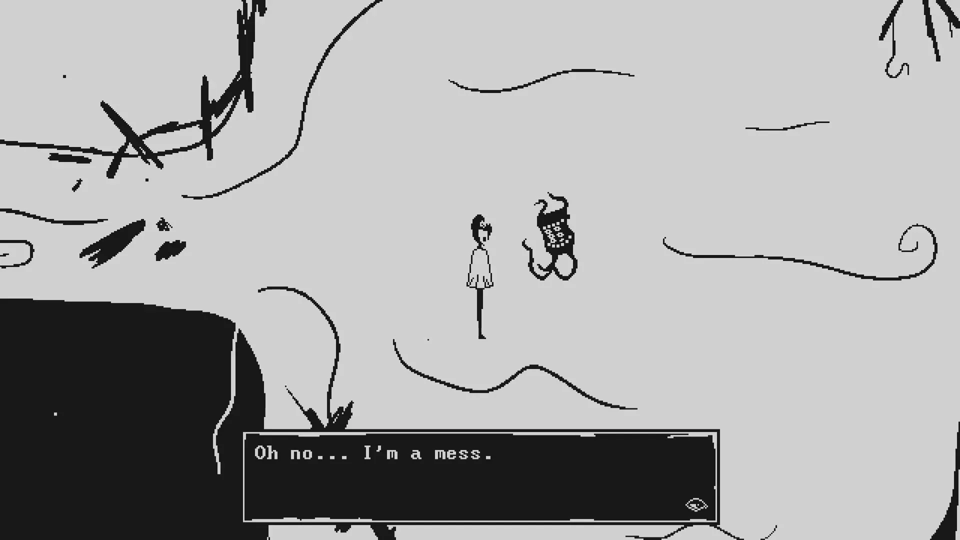 PILLORY: Character stands on abstract terrain with emotional dialogue box in monochrome setting