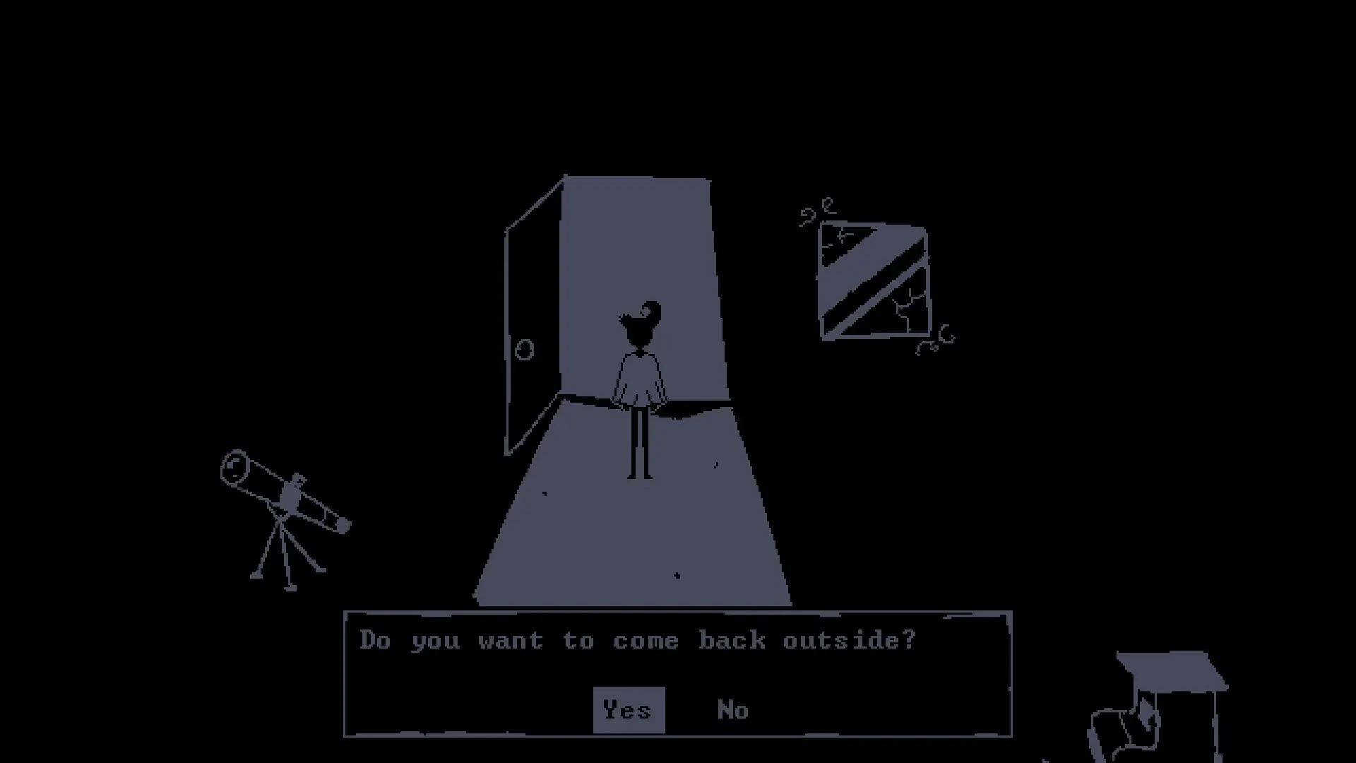 PILLORY: Character stands in doorway with choice prompt beneath, telescope and cracked mirror nearby