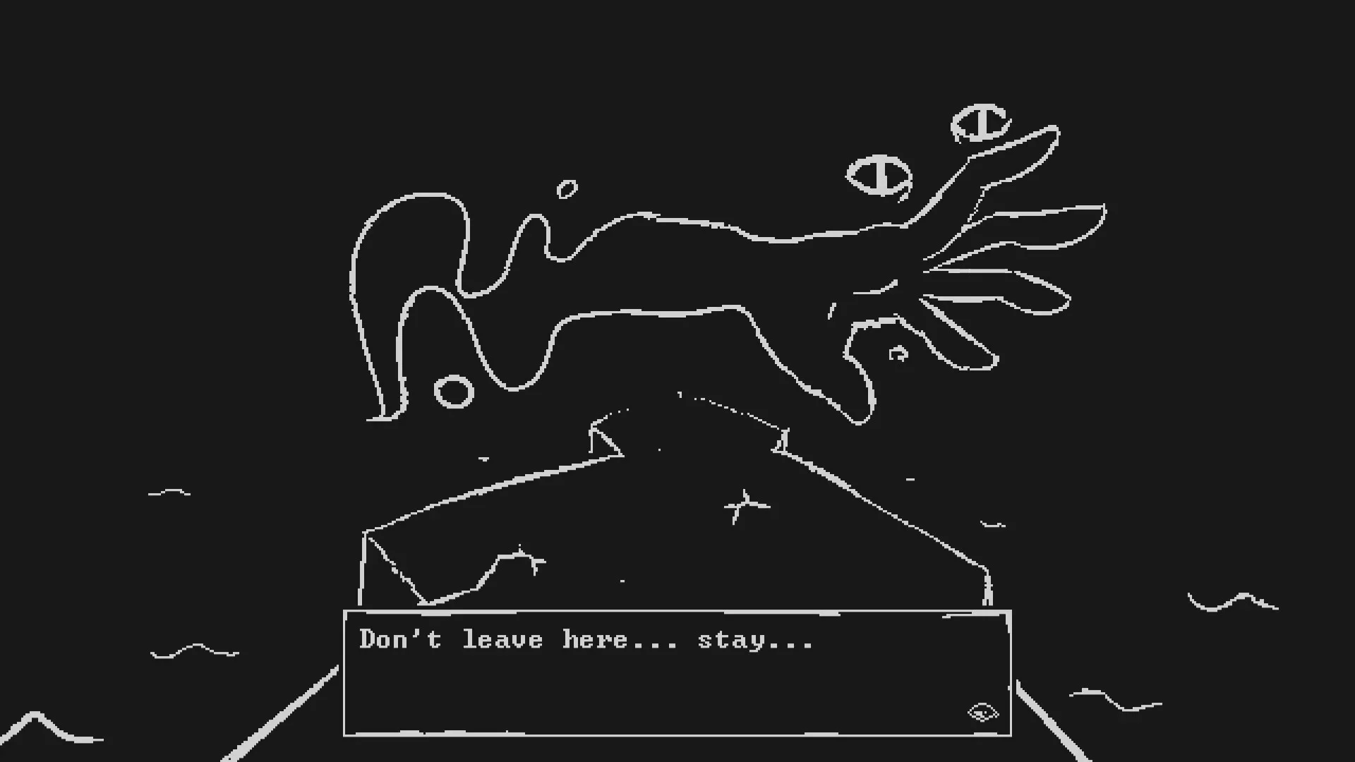 PILLORY: Abstract hand with eyes above a dark landscape, text says "Don't leave here... stay..."