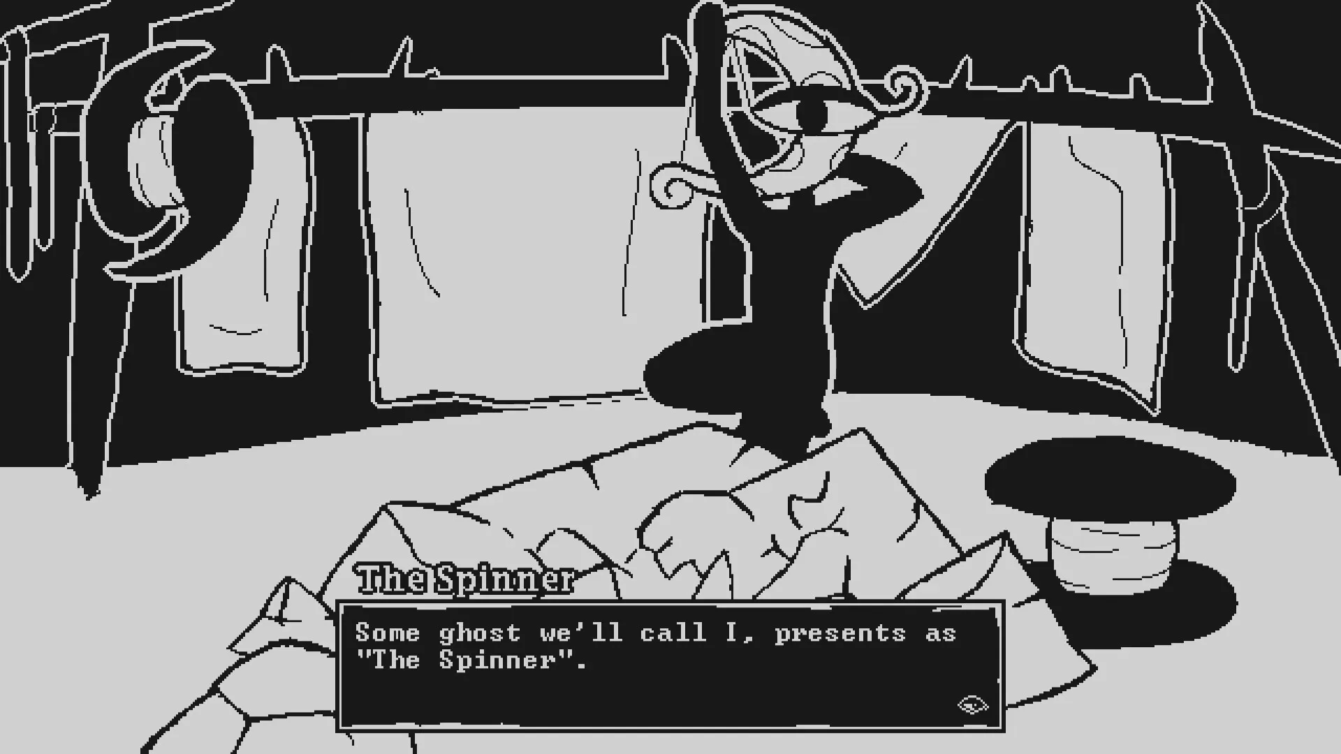 PILLORY: The Spinner character introducing themselves in a dim room with hanging sheets and sewing tools.
