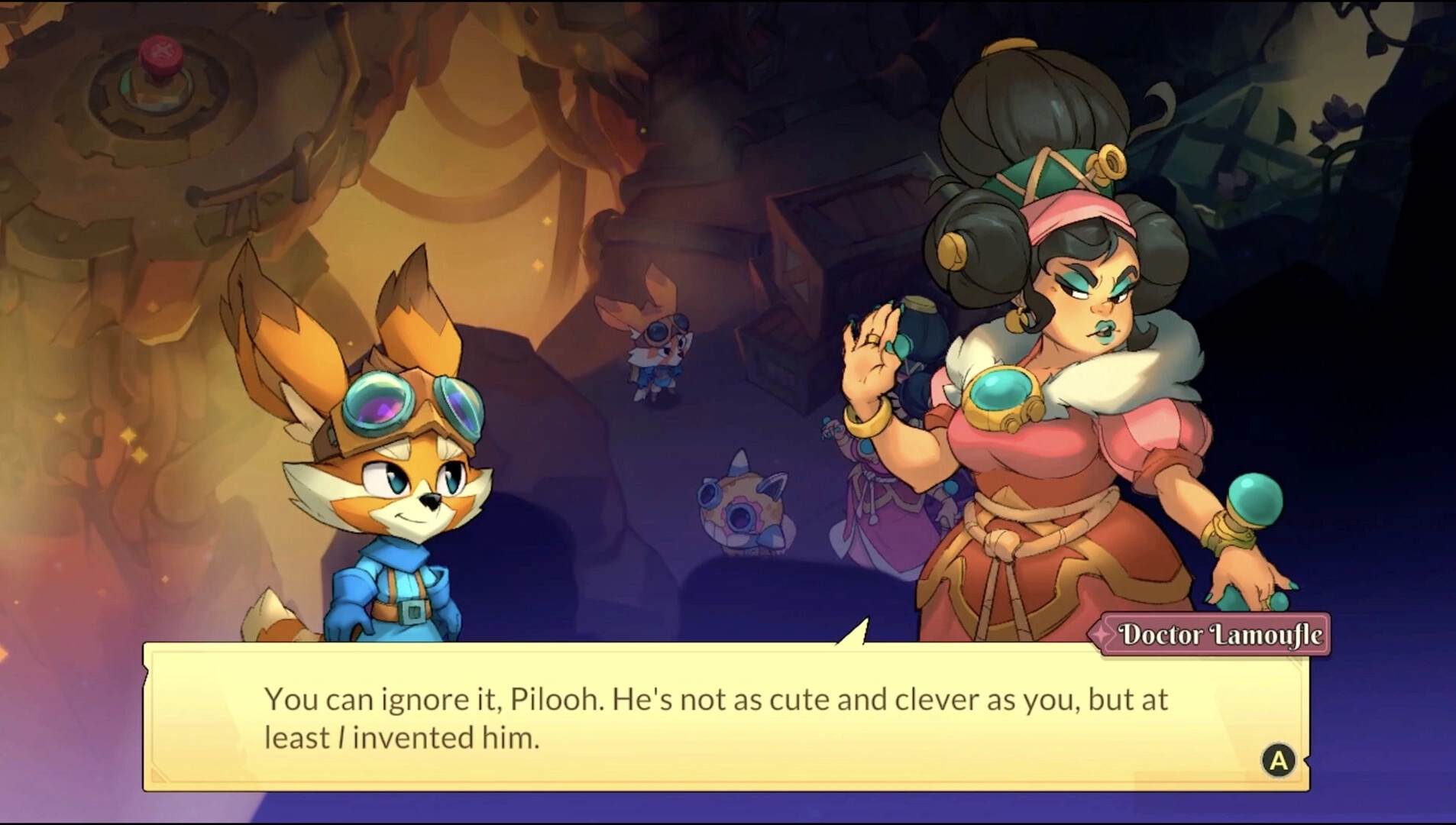 Pilo and the Holobook: Pilo and Doctor Lamoufle dialogue in a cave with a glowing control panel nearby.