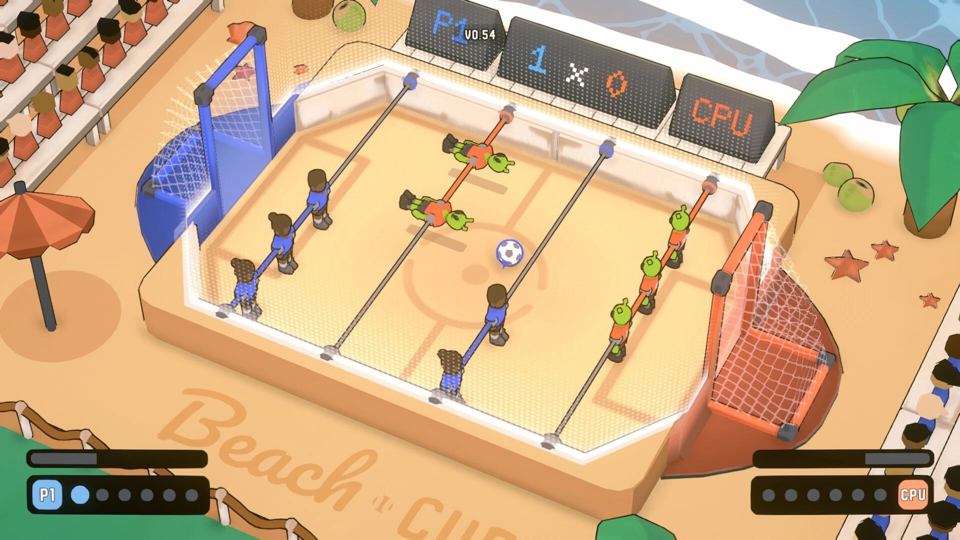Pimbolas: Foosball match with player one leading CPU 1-0 on beach-themed field with spectators.