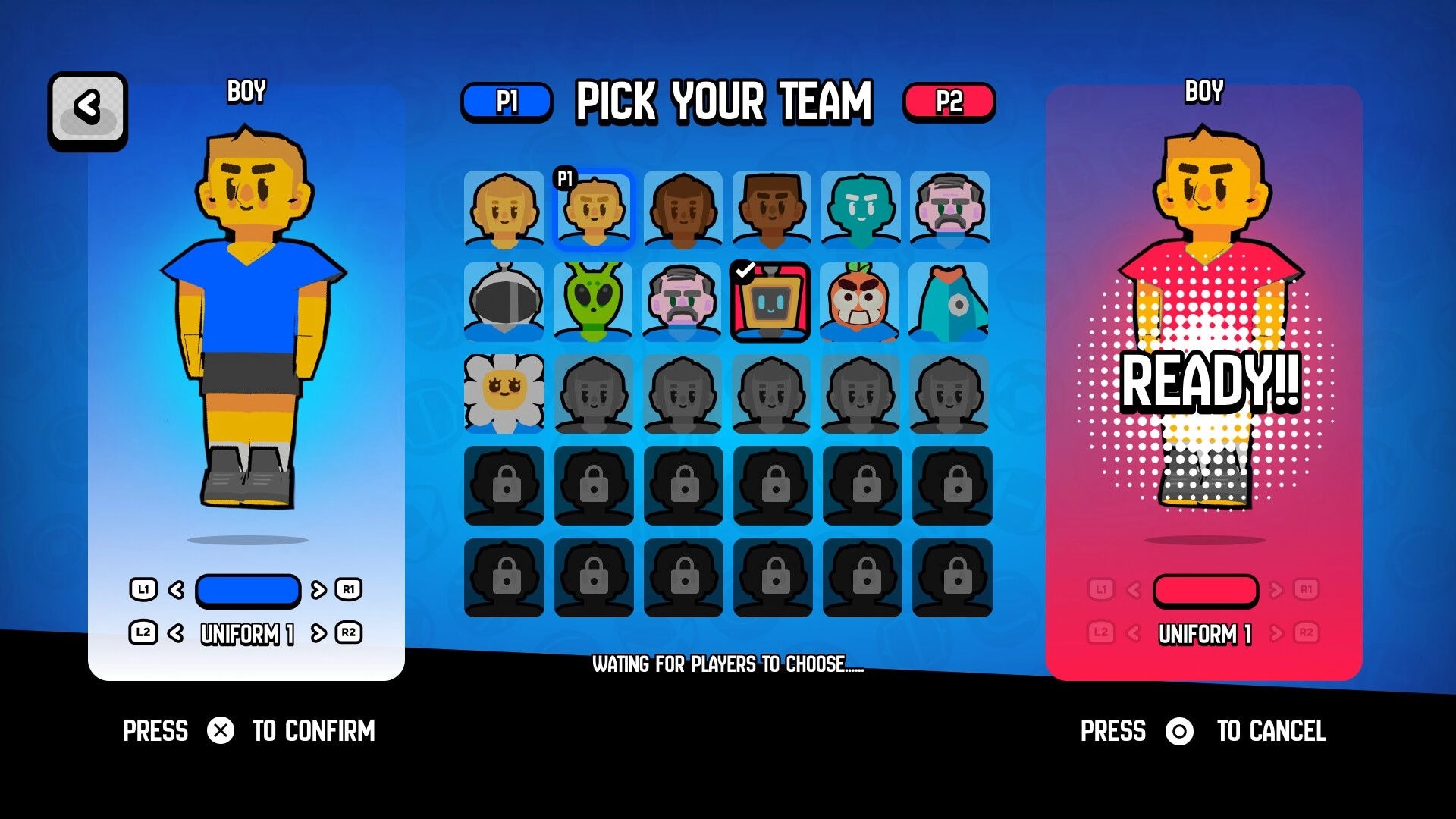 Pimbolas: Character selection screen with player avatars, team options, and ready status indicators.