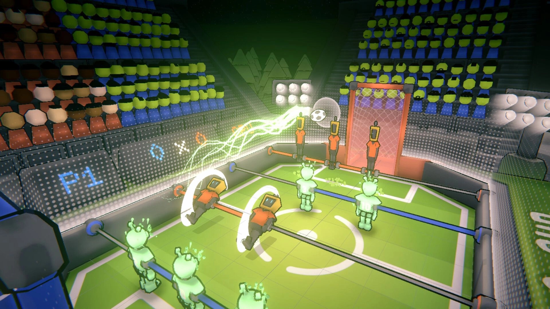 Pimbolas: Foosball match with score 3-2, players using power-ups on vibrant green field arena
