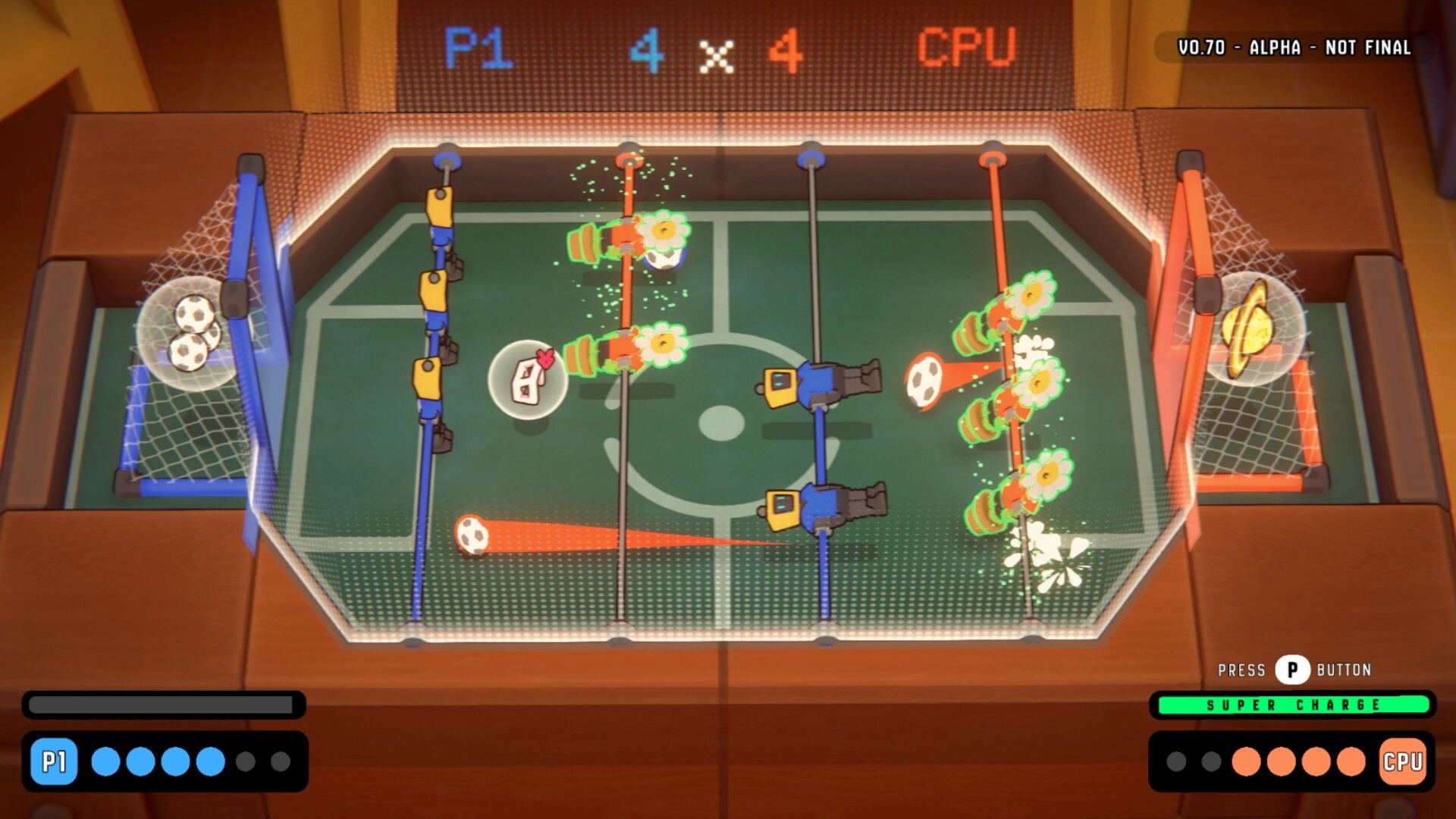 Pimbolas: Intense foosball match with dynamic power-ups and score tied at 4-4 in vibrant arena setting