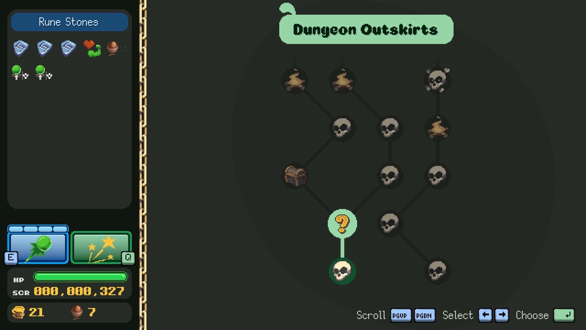 Pin-Crawl: Dungeon Outskirts node map with skull paths and campfires, rune stones panel on left UI.