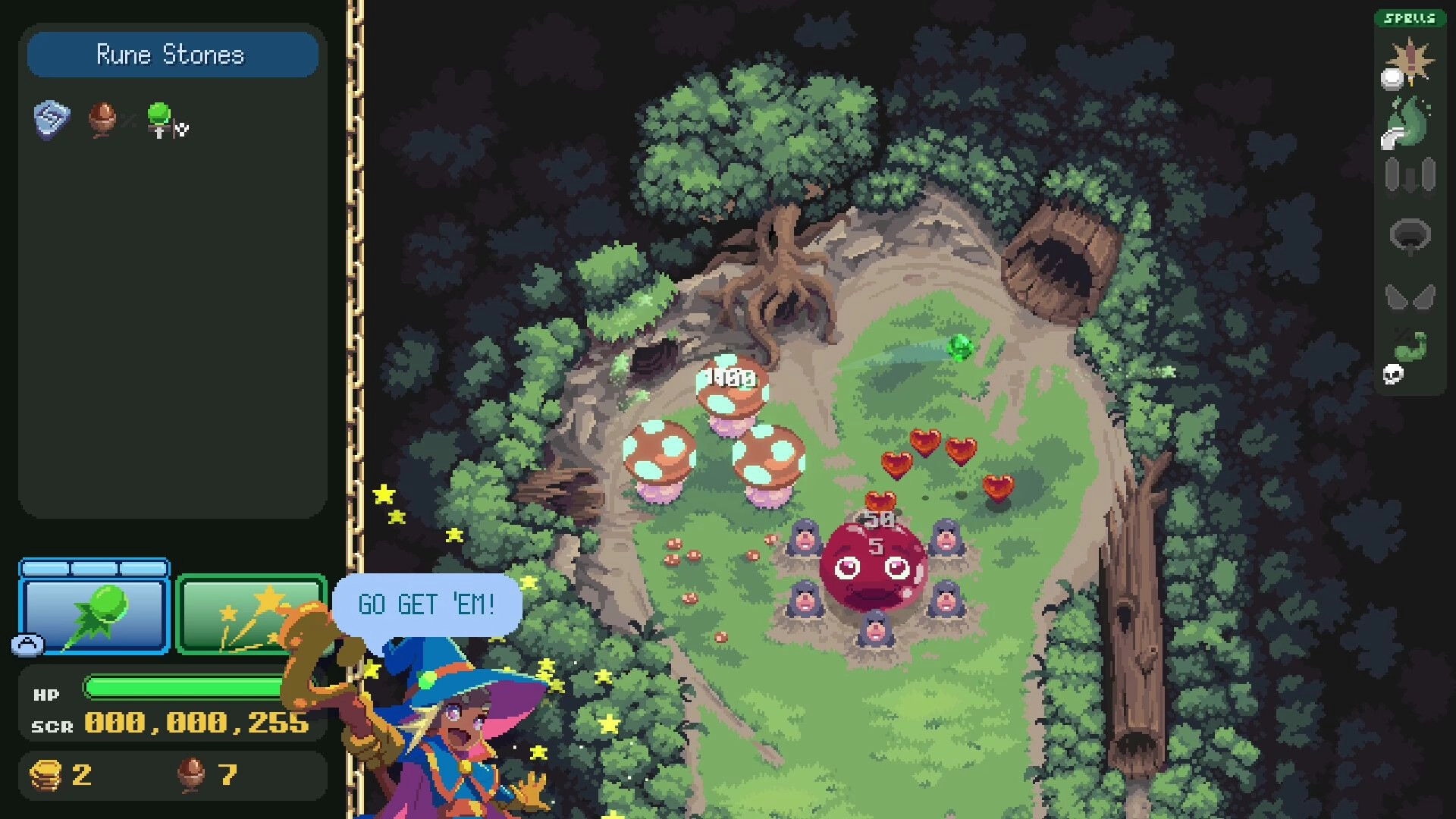 Pin-Crawl: Rune Stones menu open beside forest pinball arena with mushroom bumpers and slime enemy.