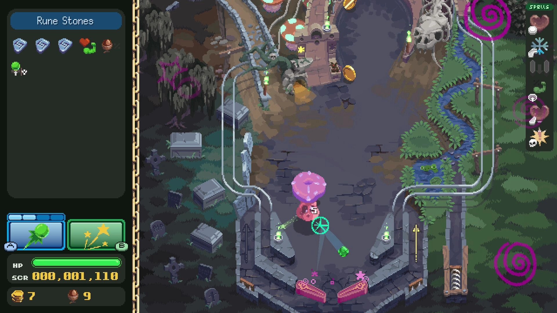 Pin-Crawl: Rune Stones menu open as pinball hits pink bumper in spooky graveyard pinball board.