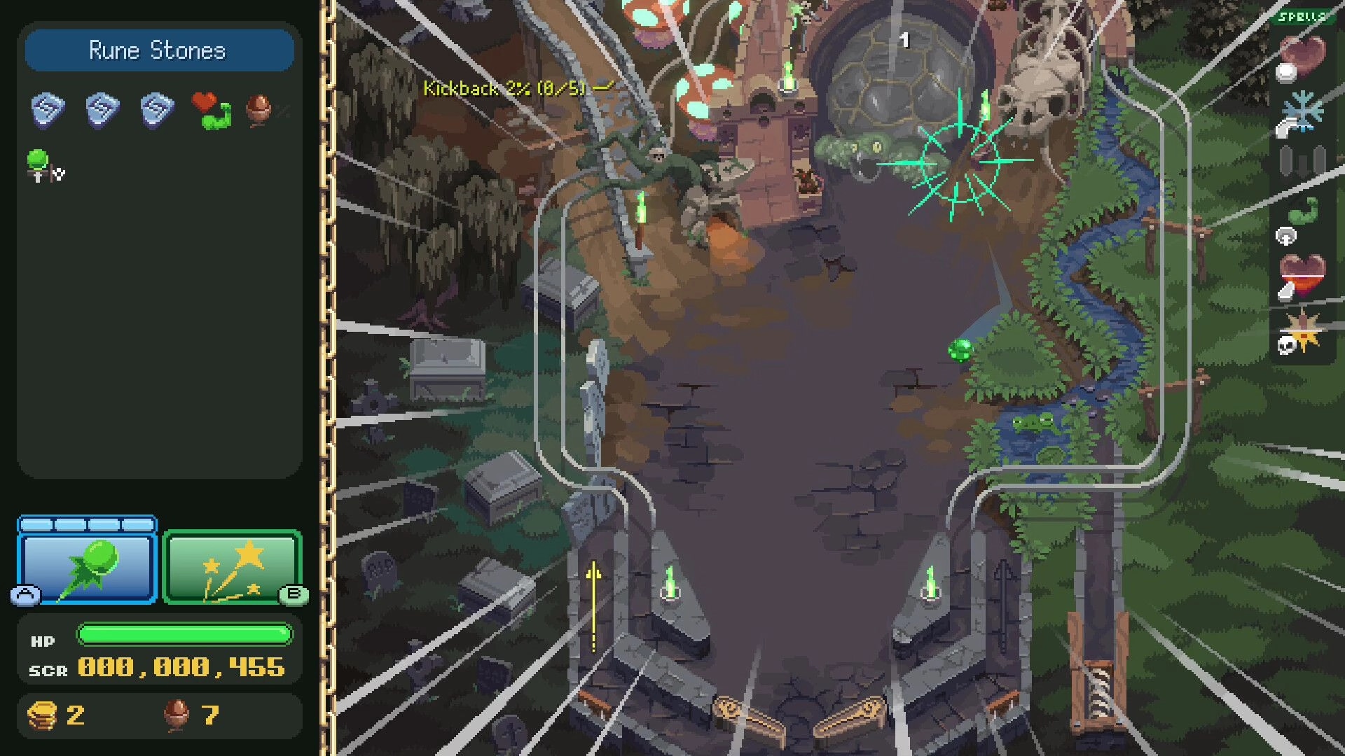 Pin-Crawl: Rune Stones menu open beside pinball dungeon lane with green target reticle and HP bar UI.
