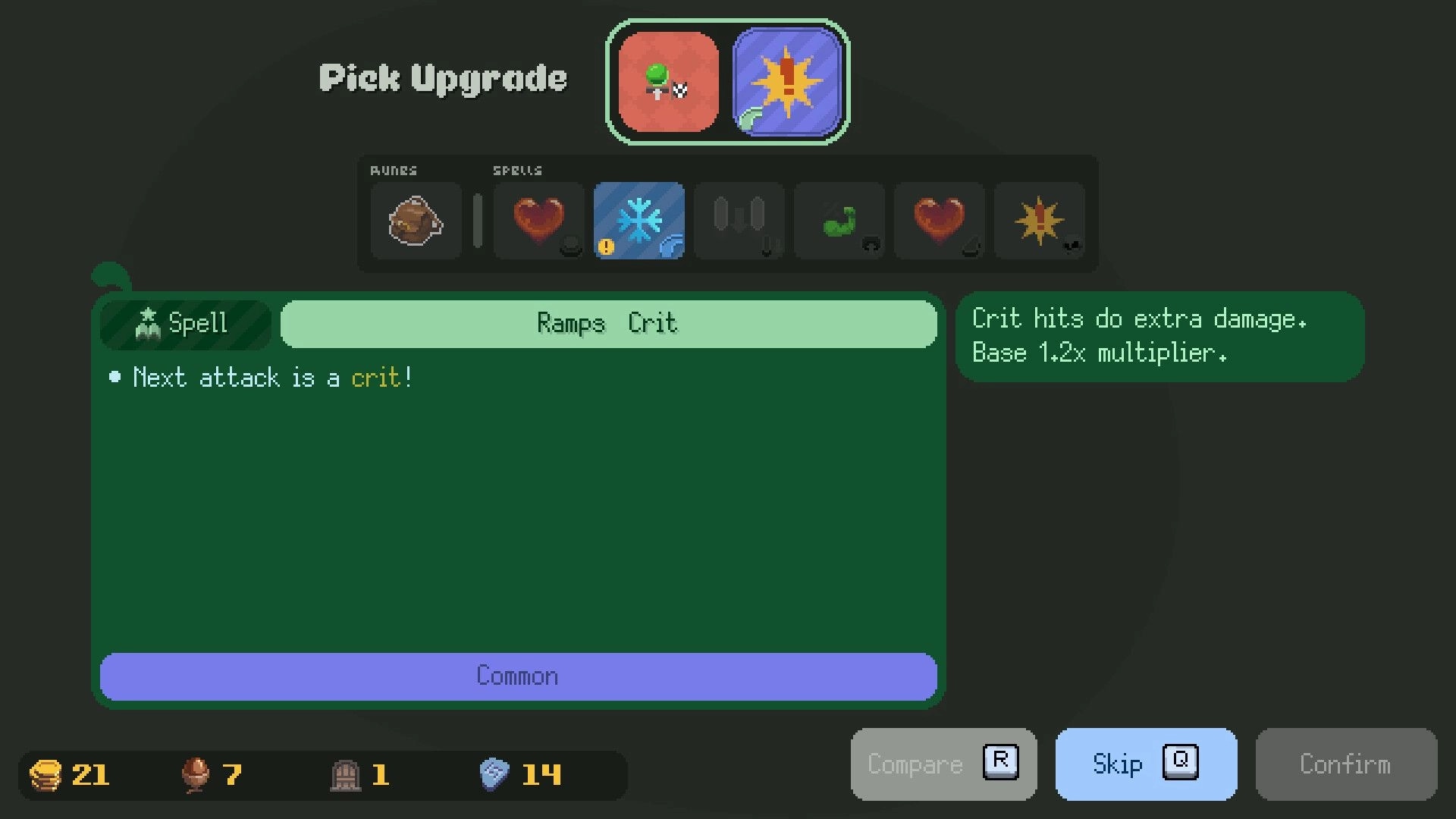 Pin-Crawl: Pick Upgrade menu with Ramps Crit spell selected and crit damage tooltip on dark screen.