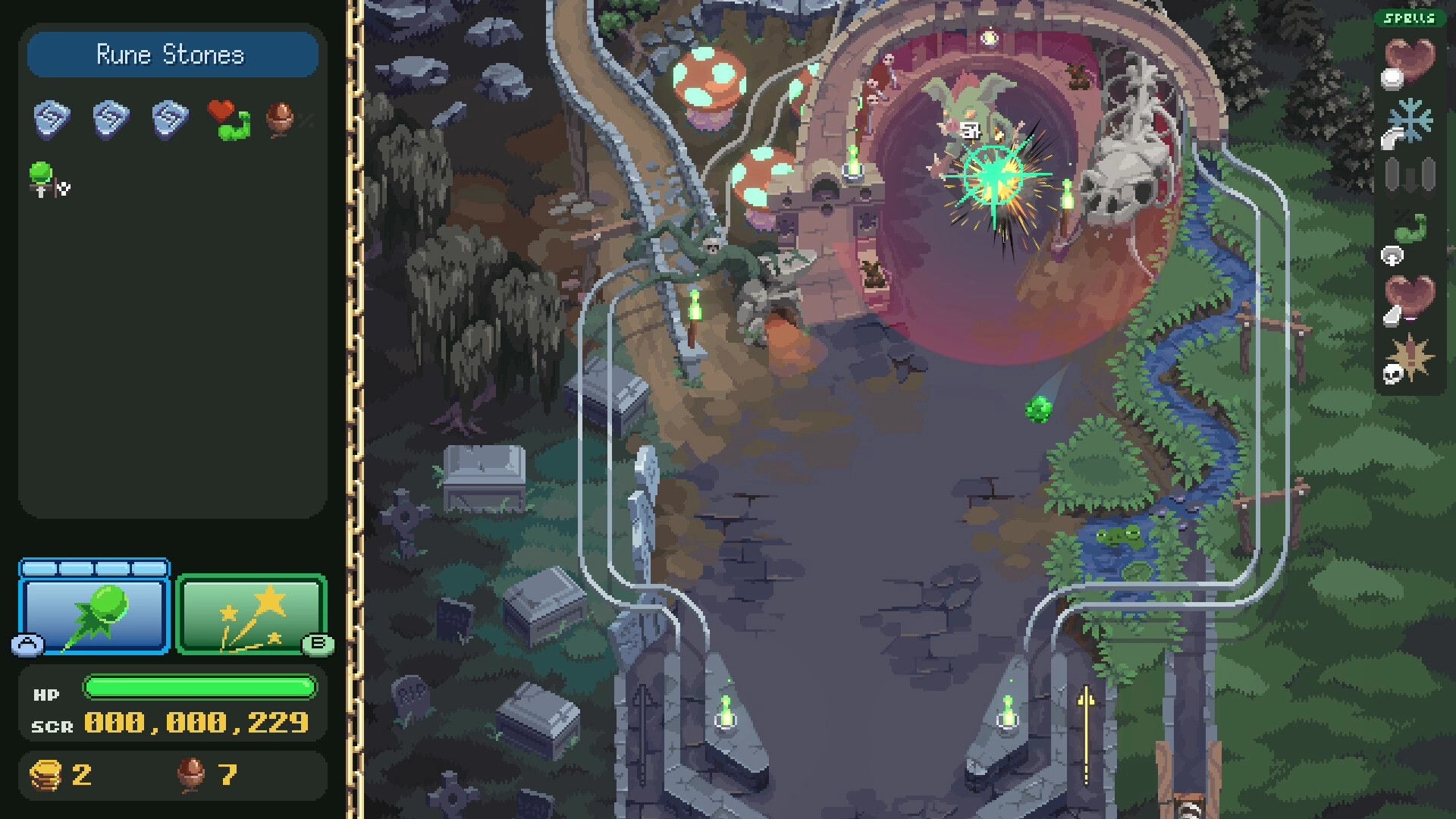 Pin-Crawl: Rune Stones menu open as ball hits a bat foe in skull cave pinball dungeon lane.