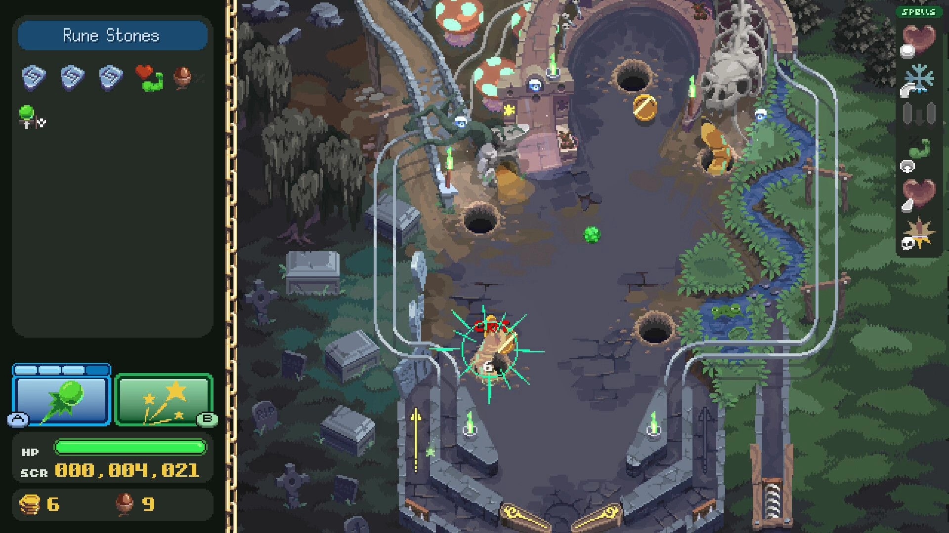 Pin-Crawl: Rune Stones menu open beside graveyard pinball lane with skull gate, spells and HP UI.
