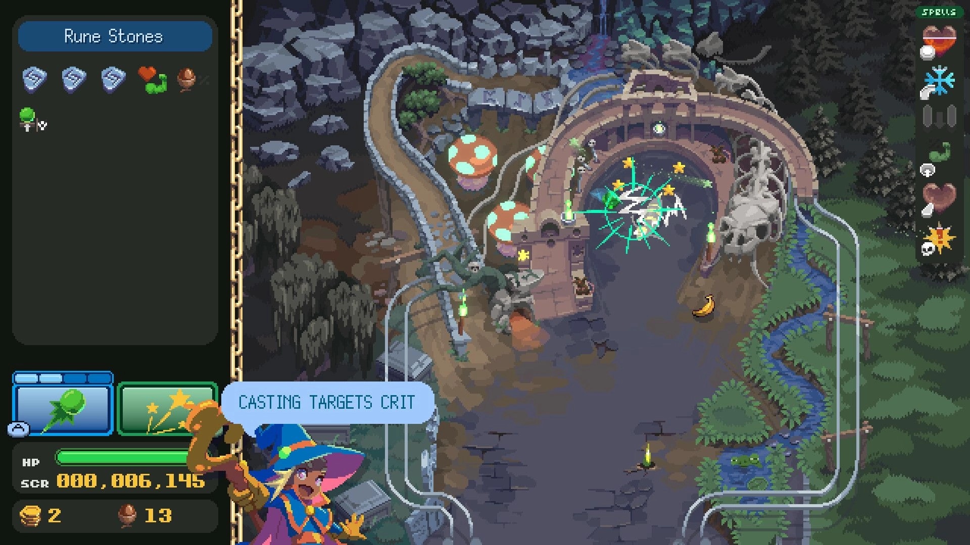 Pin-Crawl: Rune Stones menu open as spell shot hits targets in skull cave pinball dungeon map.