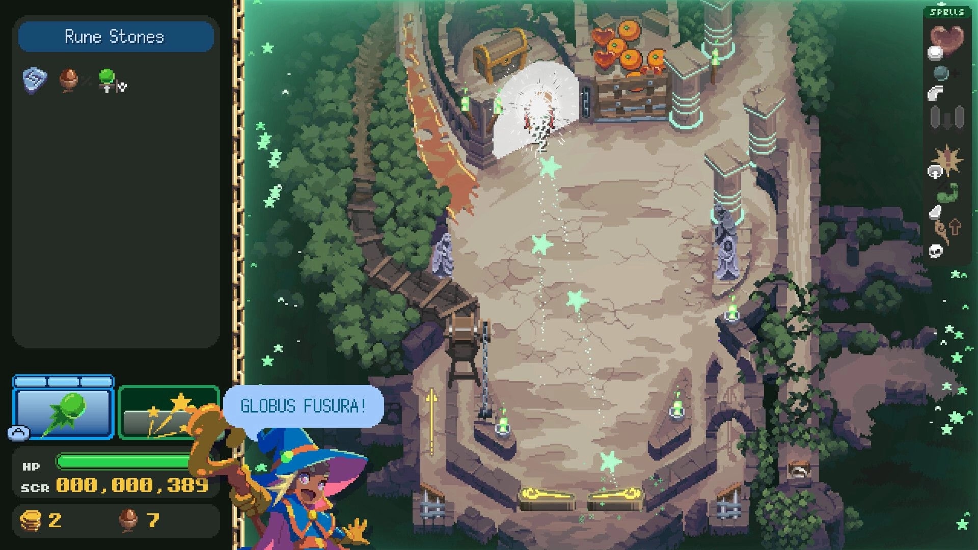 Pin-Crawl: Rune Stones menu open as a wizard casts spell on a forest pinball dungeon board UI.