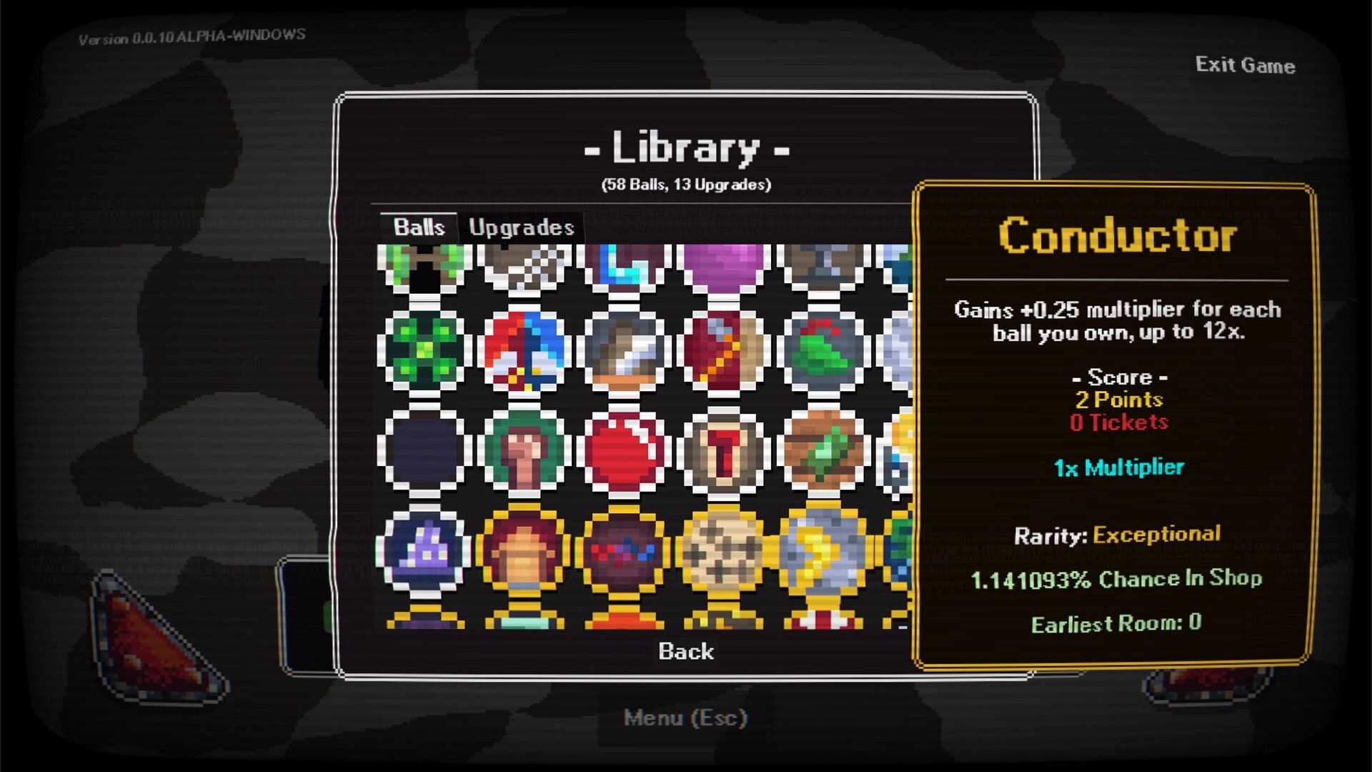 Pin-Finite: Library menu with ball icons grid and Conductor upgrade details panel on right side.