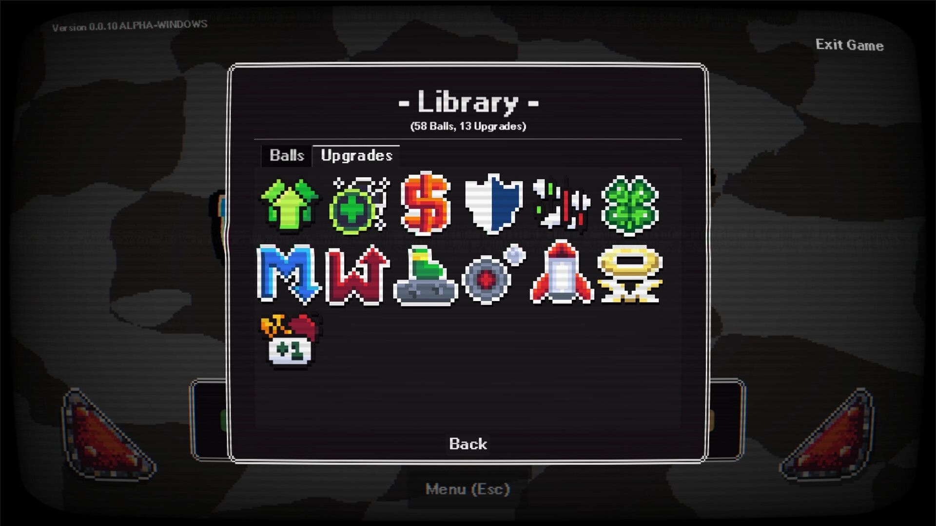 Pin-Finite: Library upgrades menu with pixel icons and tabs over a dim pinball table background.