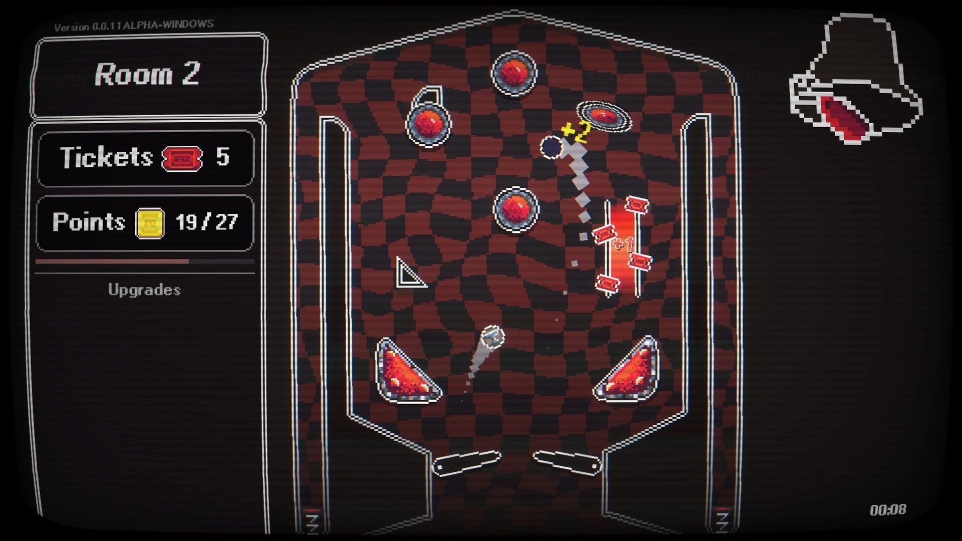 Pin-Finite: Pinball ball ricochets off bumpers and targets in Room 2 board with tickets and points UI.