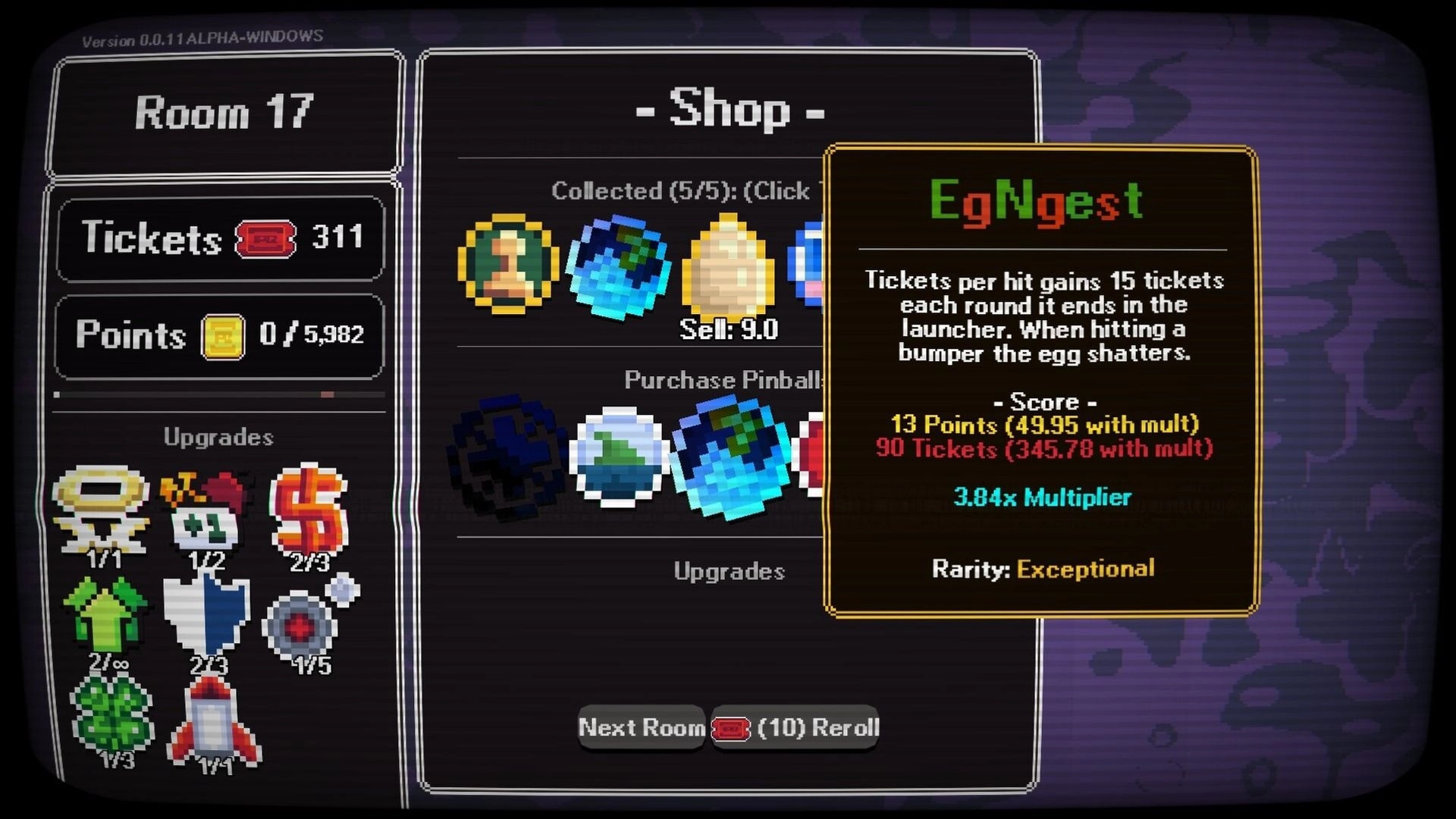 Pin-Finite: Room 17 shop menu with pinball icons and EgNgest tooltip showing tickets and rarity.