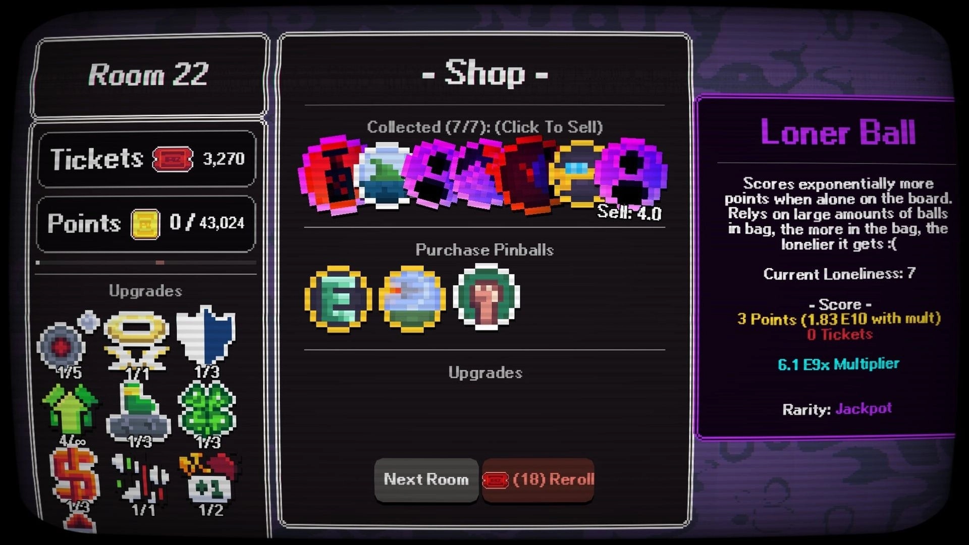 Pin-Finite: Shop menu with collected pinballs and Loner Ball stats panel in Room 22 interface.