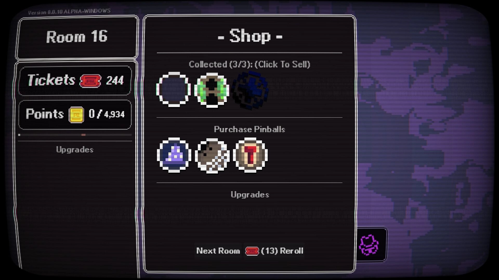 Pin-Finite: Room 16 shop menu with tickets and points, pinball purchase icons on a purple map backdrop.