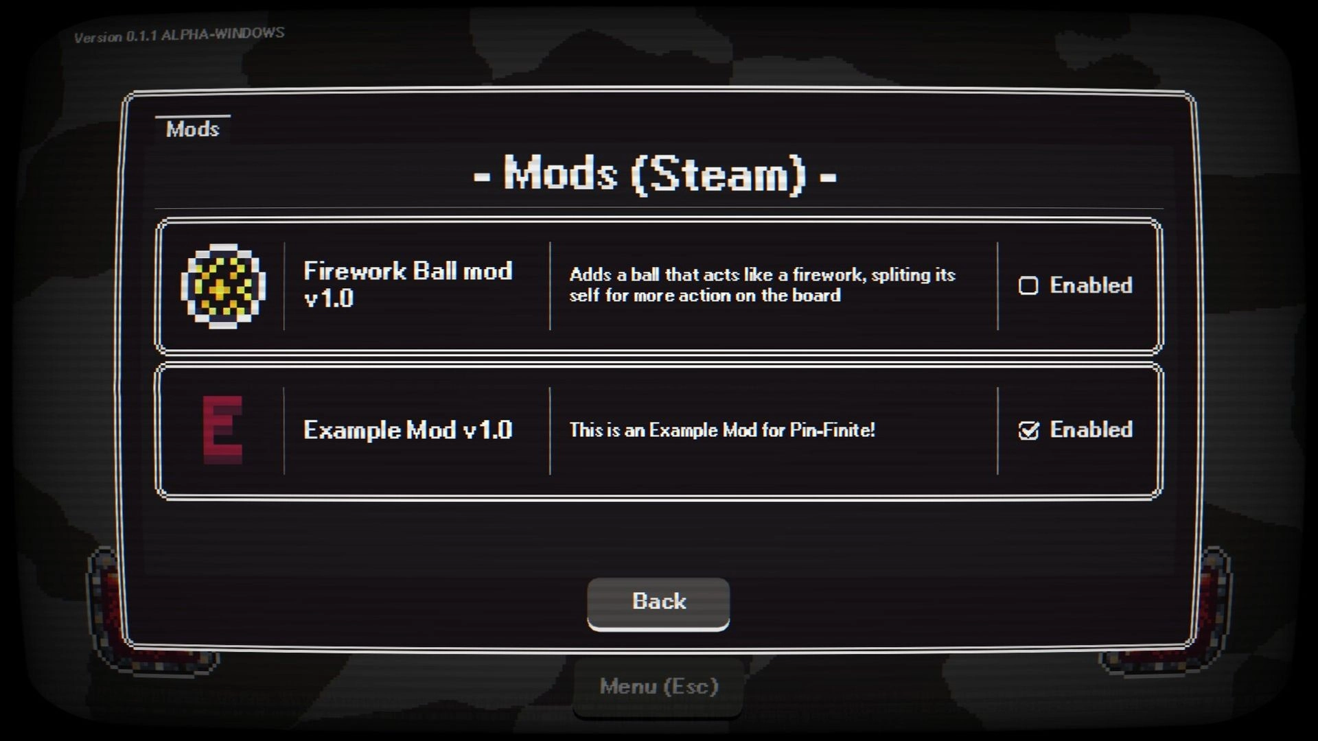 Pin-Finite: Mods (Steam) menu listing Firework Ball mod and Example Mod with enabled checkboxes.