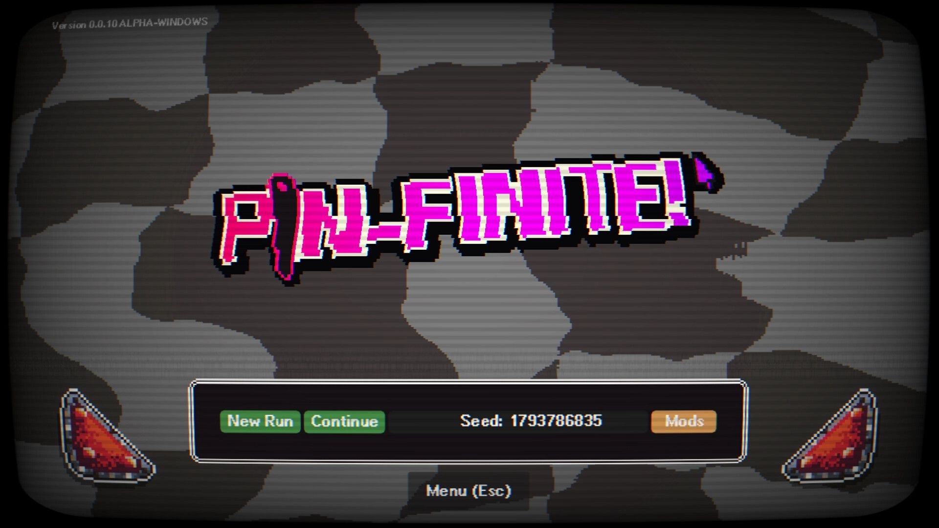 Pin-Finite: Main menu with New Run, Continue, seed number, and Mods buttons on camo backdrop.