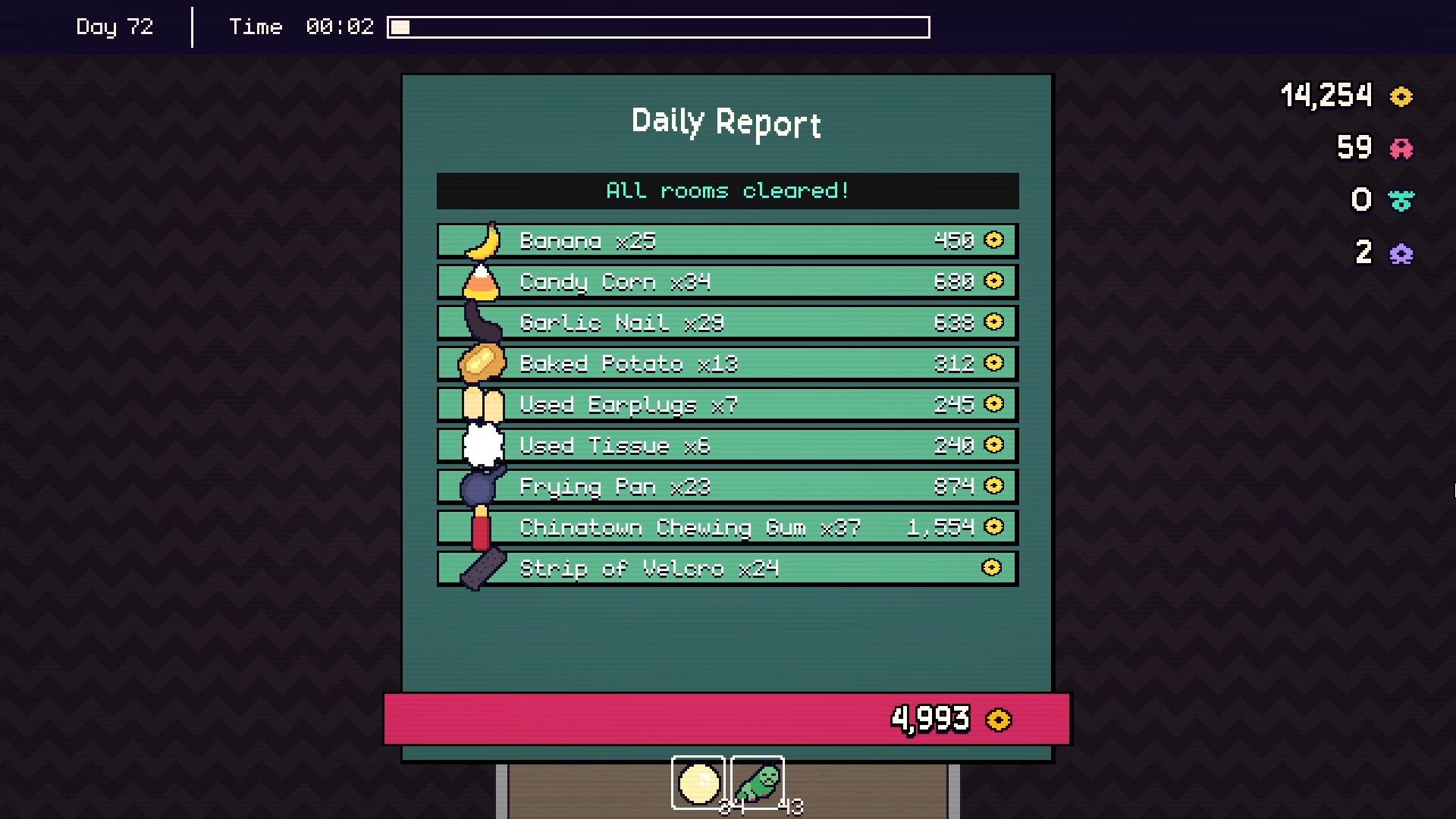 Piñata Go Boom: Daily Report screen with collected items and currency totals in a retro arcade style.
