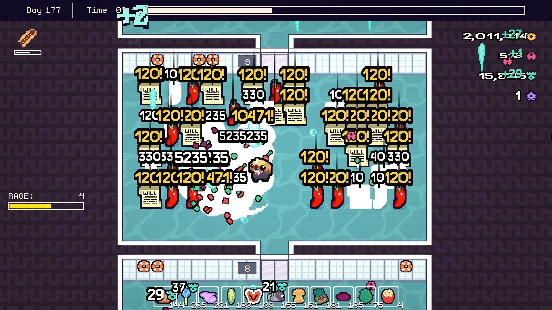 Piñata Go Boom: Character collects toys and upgrades in a room filled with numbers and piñata pieces.