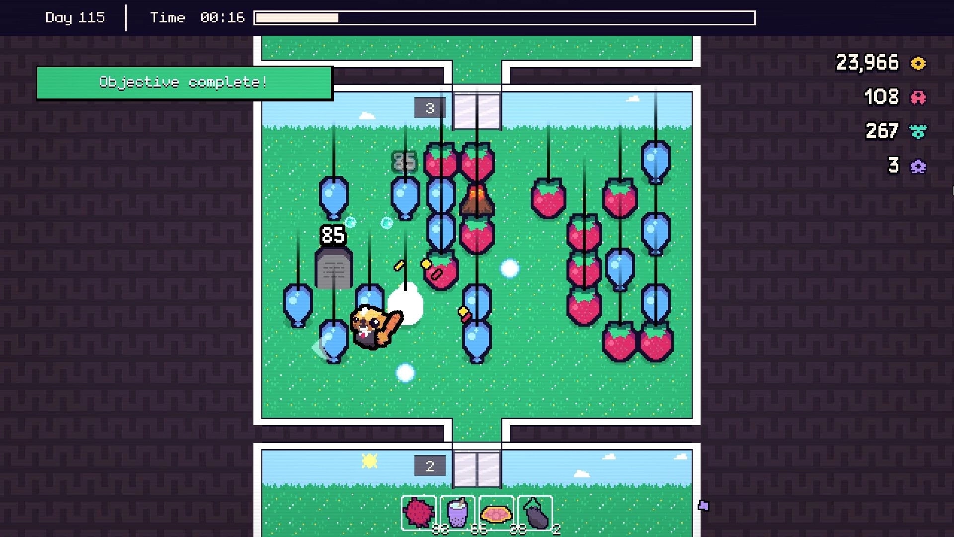 Piñata Go Boom: Character hits piñatas in grassy area with score, inventory, and objectives displayed