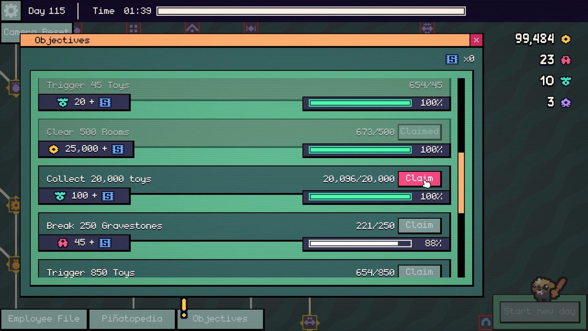 Piñata Go Boom: Objectives menu with progress bars for tasks like collecting toys and clearing rooms.
