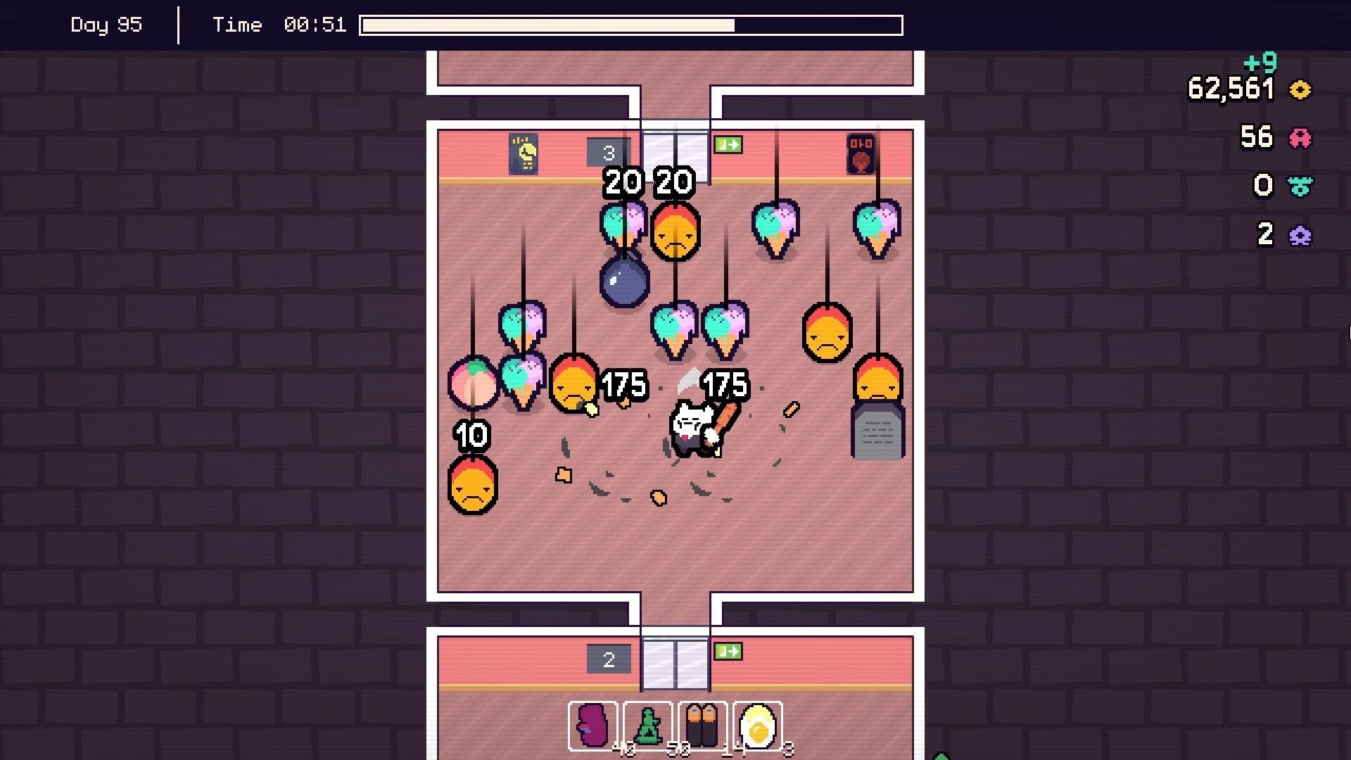 Piñata Go Boom: Player smashes multiple piñatas in a room with score indicators and upgrade options visible.