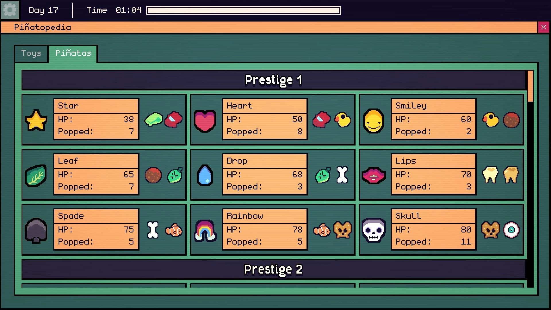 Piñata Go Boom: Piñatopedia interface displaying various piñatas with HP, popped count, and icons.