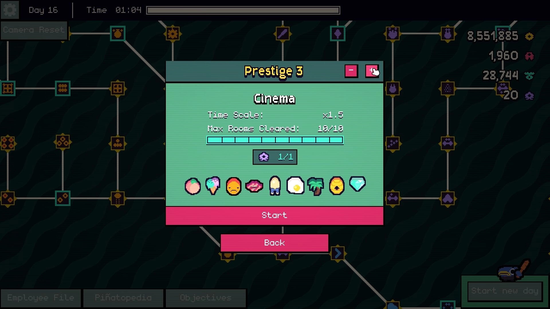 Piñata Go Boom: Prestige 3 upgrade menu with various icons and stats on a branching path background