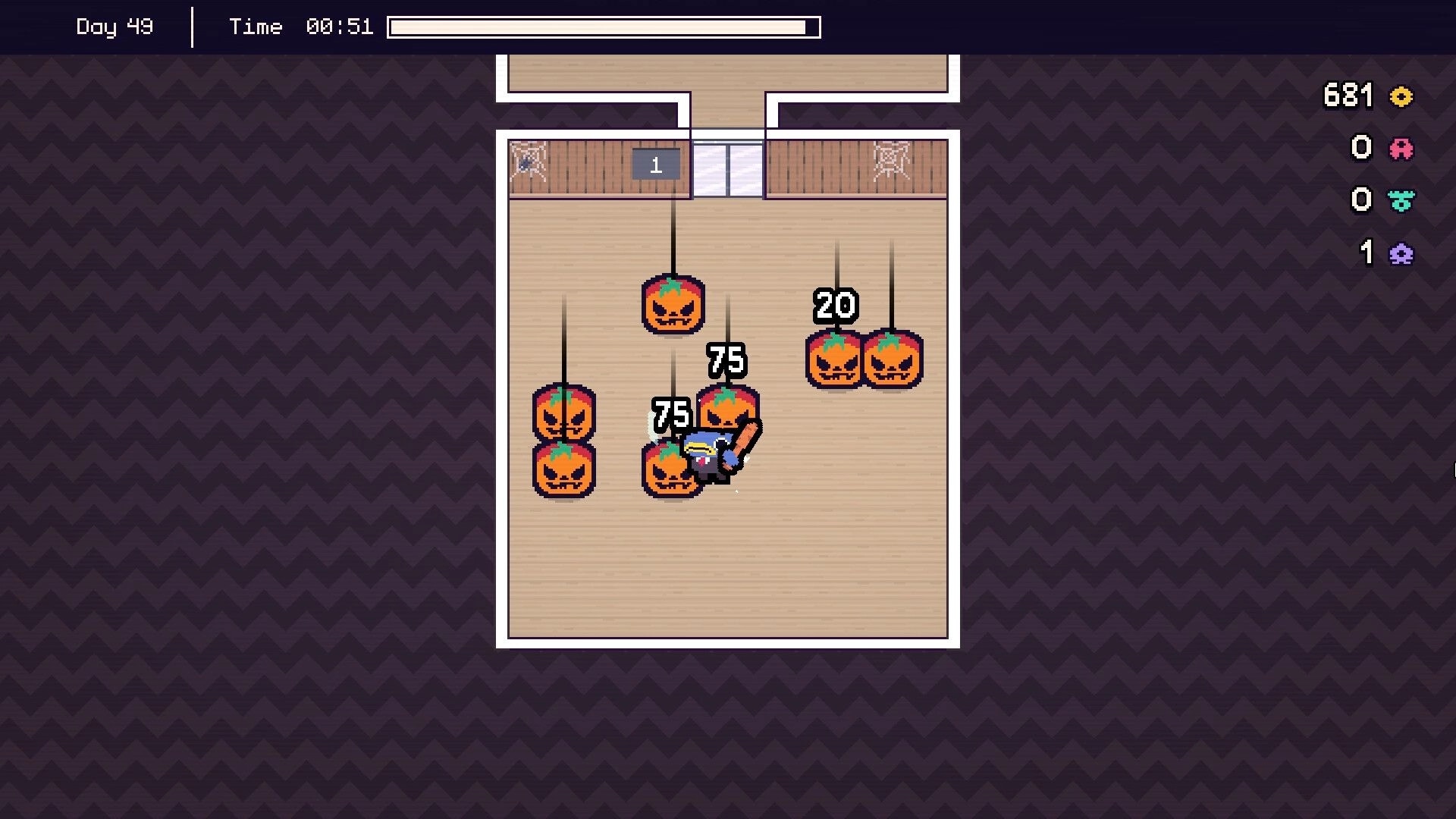 Piñata Go Boom: Player character smashing pumpkin piñatas in a small room with score indicators visible