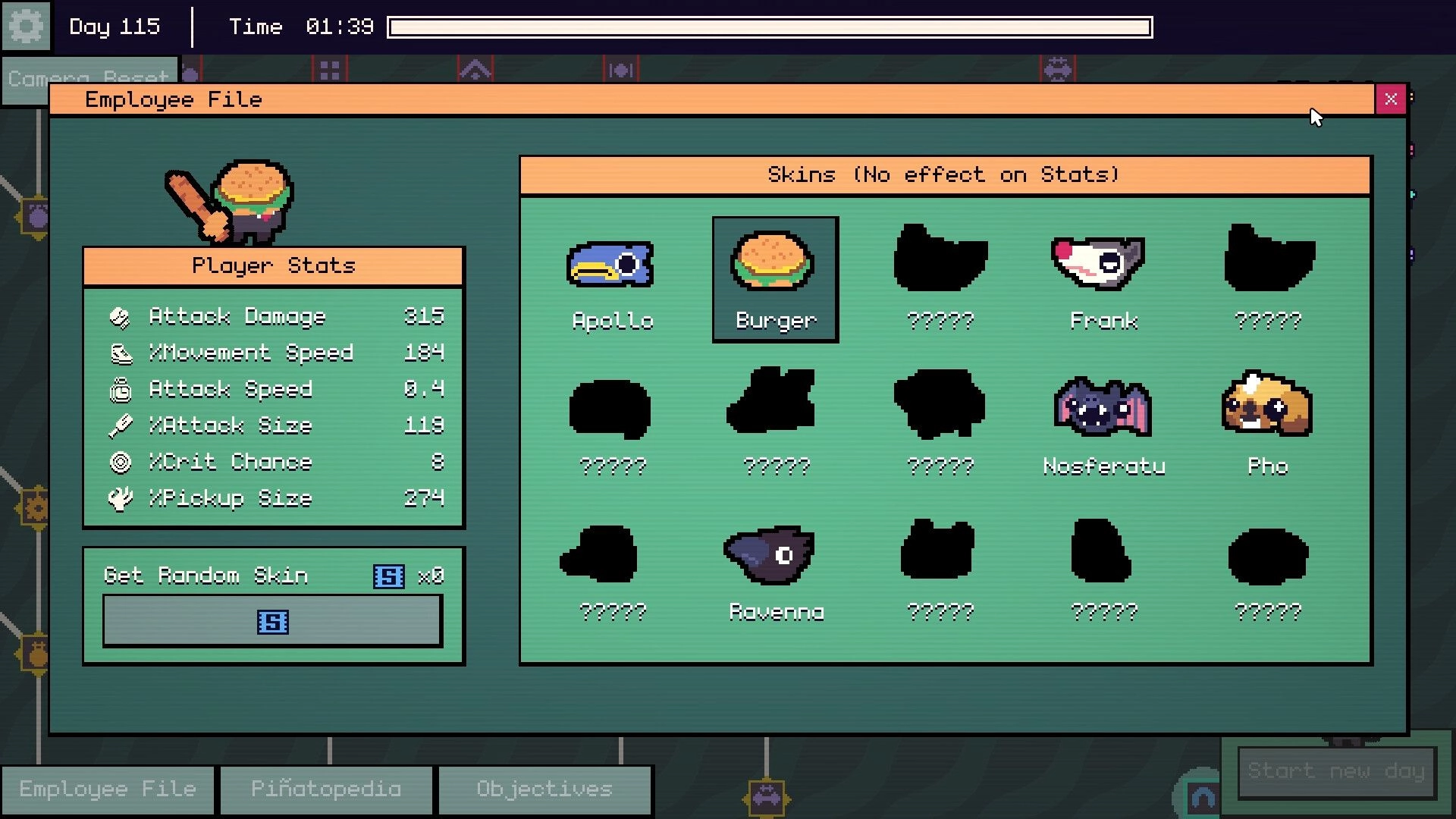 Piñata Go Boom: Character stats and skin selection screen with various avatars and player attributes displayed.