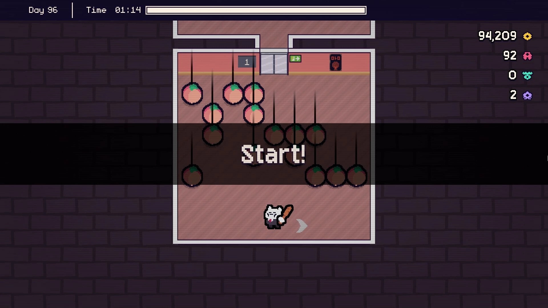 Piñata Go Boom: Character with bat ready to smash piñatas in a small room with score display.