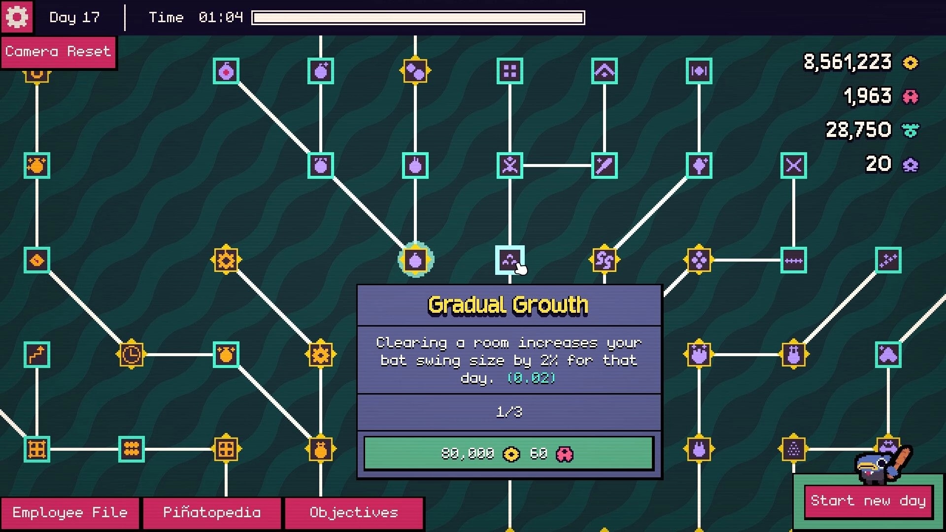 Piñata Go Boom: Upgrade tree with "Gradual Growth" tooltip and resource counters on wavy background