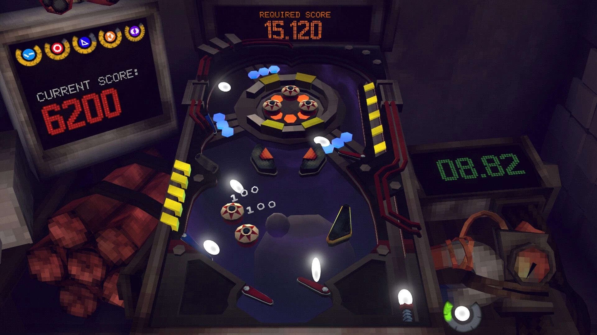 PINBOMB: Pinball table with bumpers and flippers, score 6200, required 15120, timer 08.82 in room.