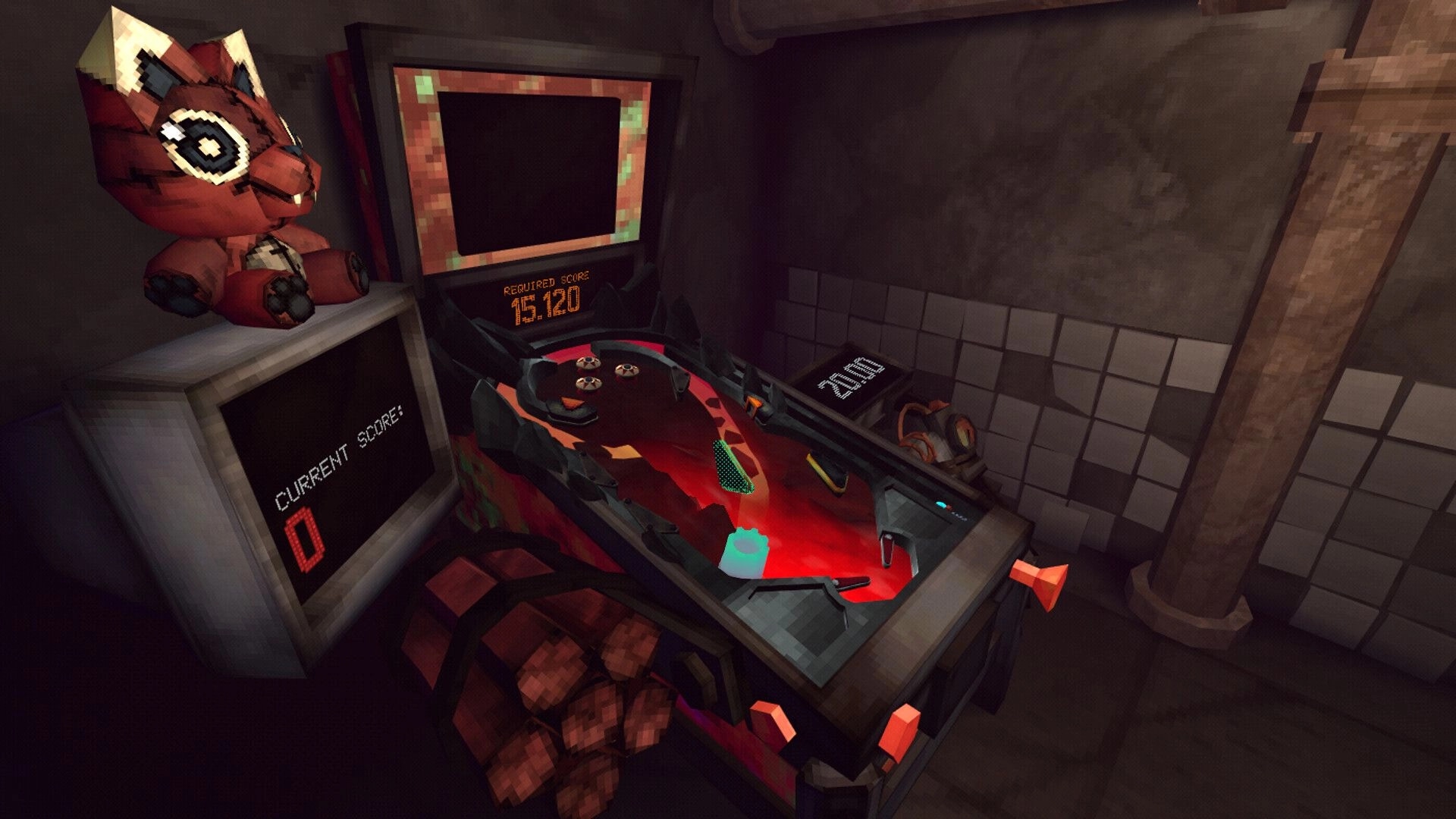 PINBOMB: Pinball table with glowing bumpers and score displays in a grimy tiled room corner.