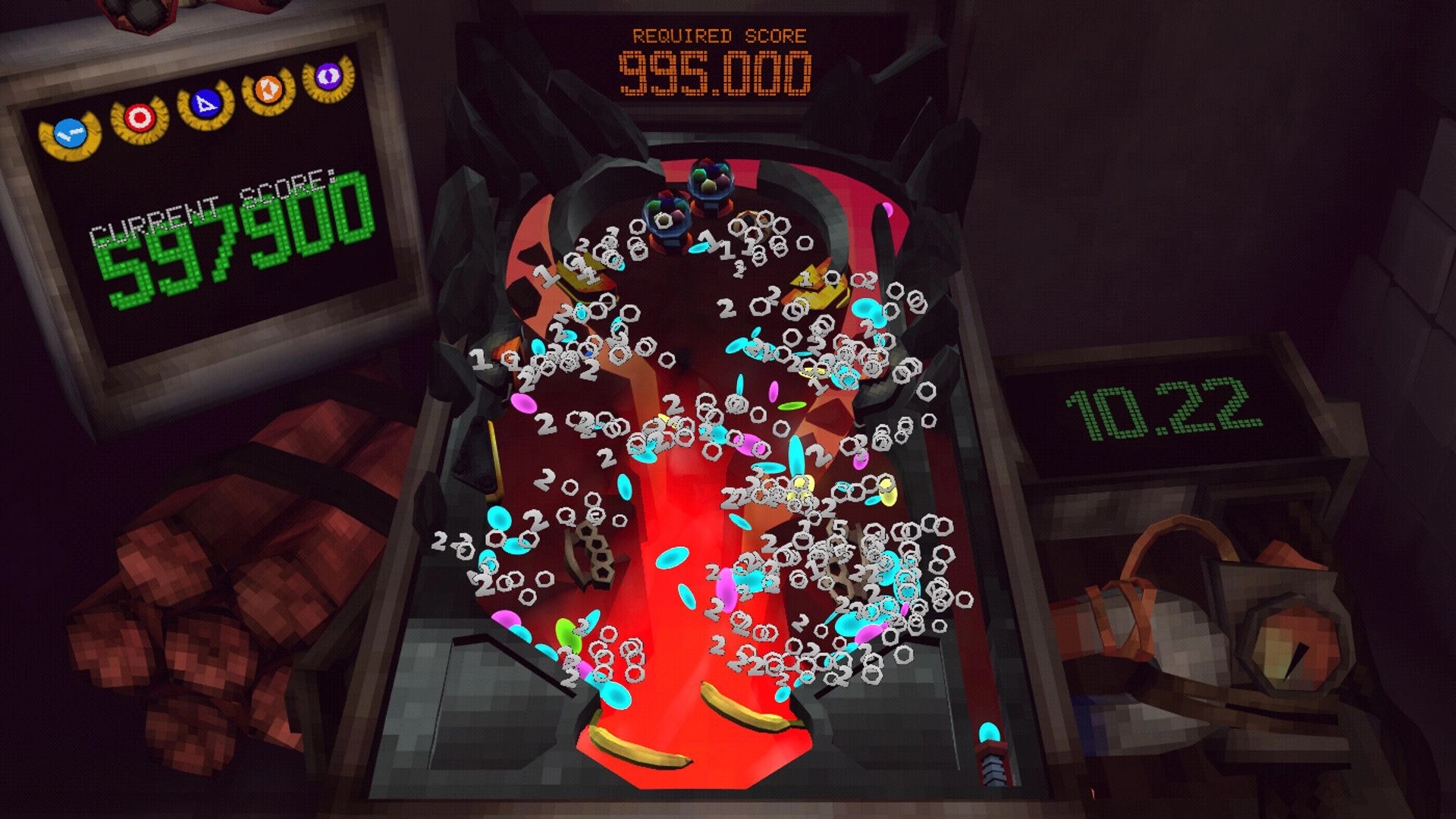 PINBOMB: Pinball board packed with bouncing pellets and score popups, UI shows current score 597,900.