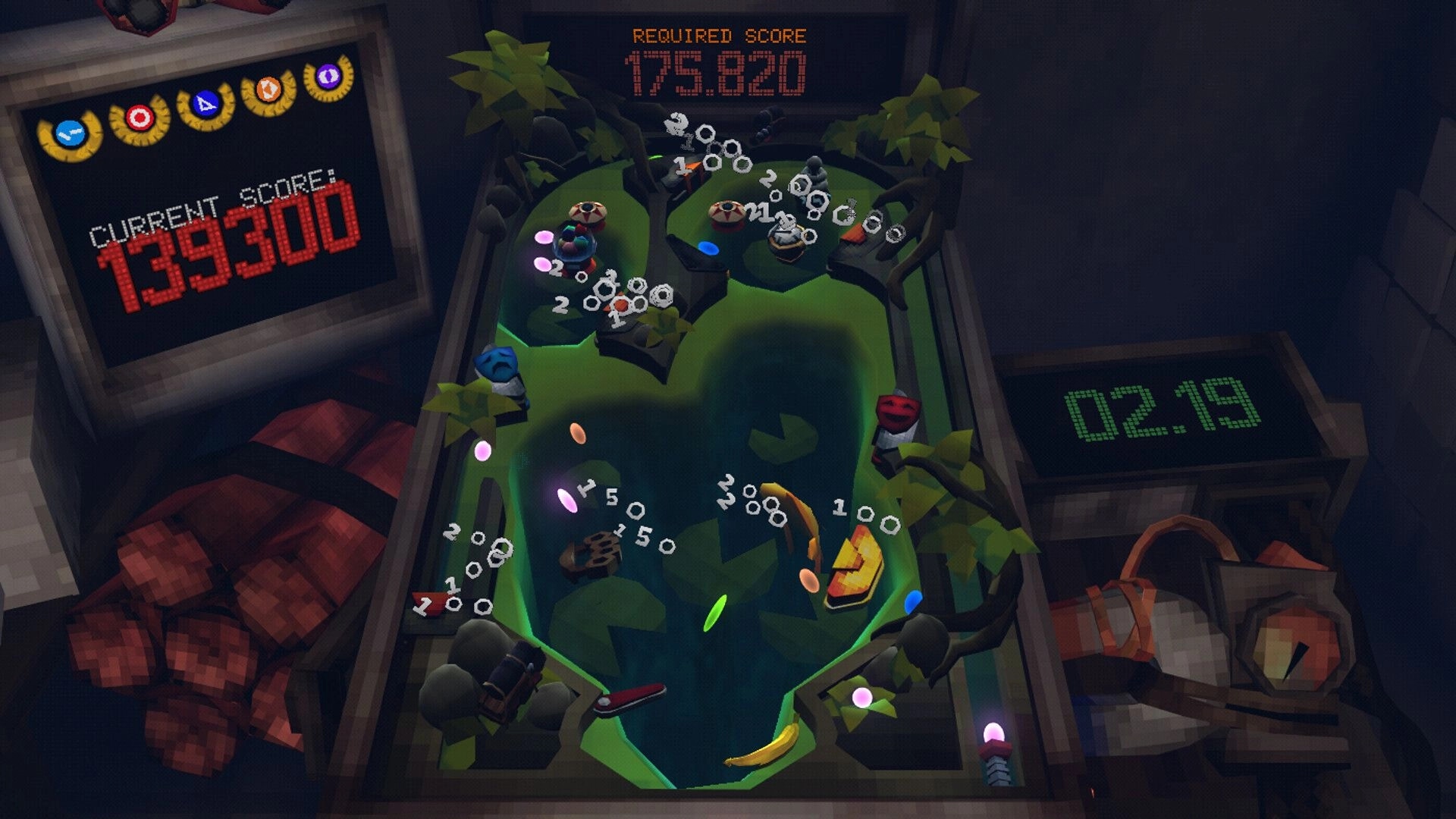 PINBOMB: Pinball table with bumpers and scoring popups, UI shows current 139300 and required 175820.