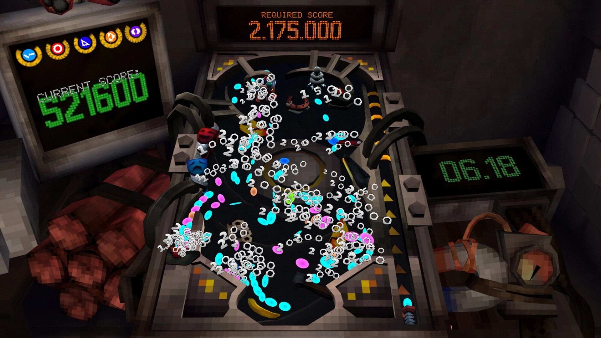 PINBOMB: Pinball table packed with bouncing balls and point popups, score and timer panels in room.