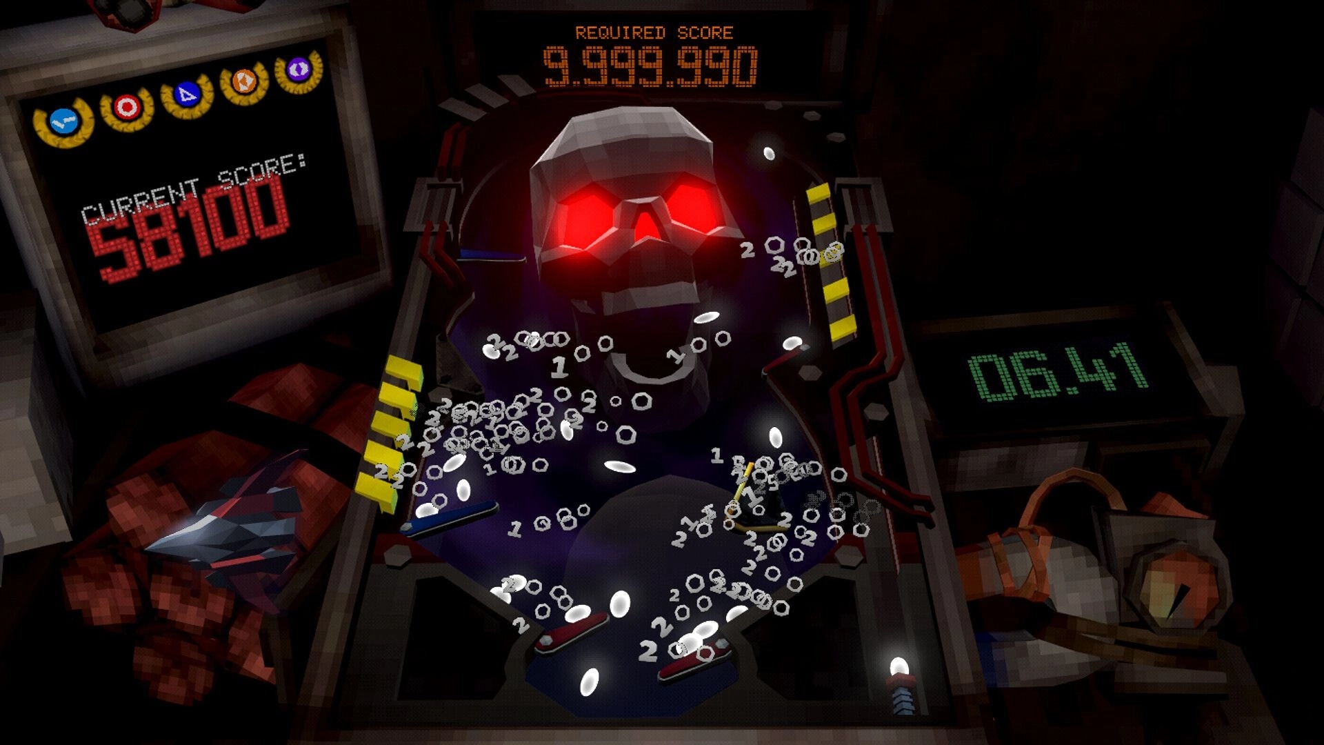 PINBOMB: Pinball table with glowing red skull target, score boards and timer in a dark arcade room.
