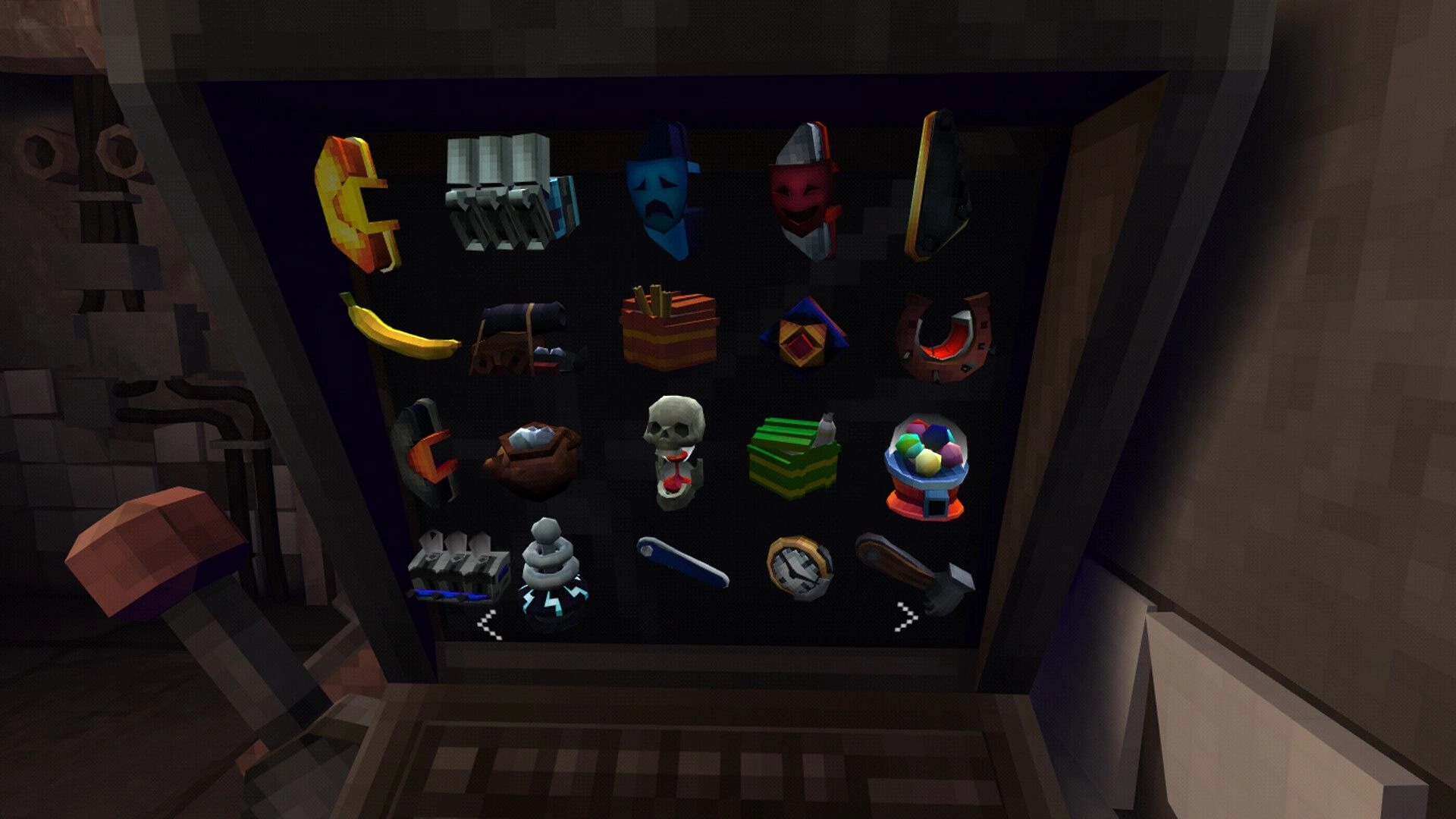 PINBOMB: Upgrade shop wall with pinball parts and trinket icons in a dim industrial room.