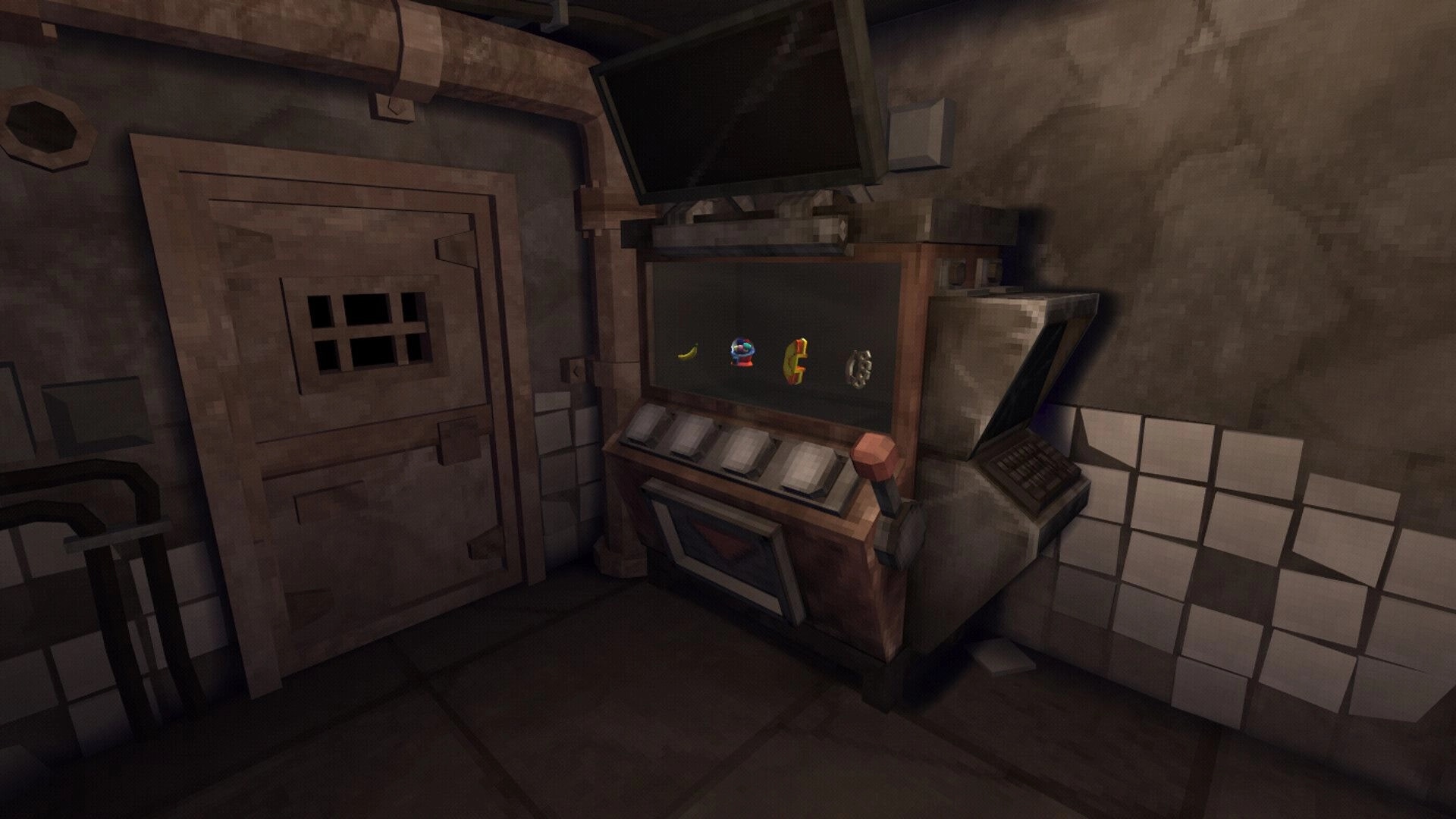 PINBOMB: Upgrade shop terminal with item icons and buttons in a dim concrete room beside a door.
