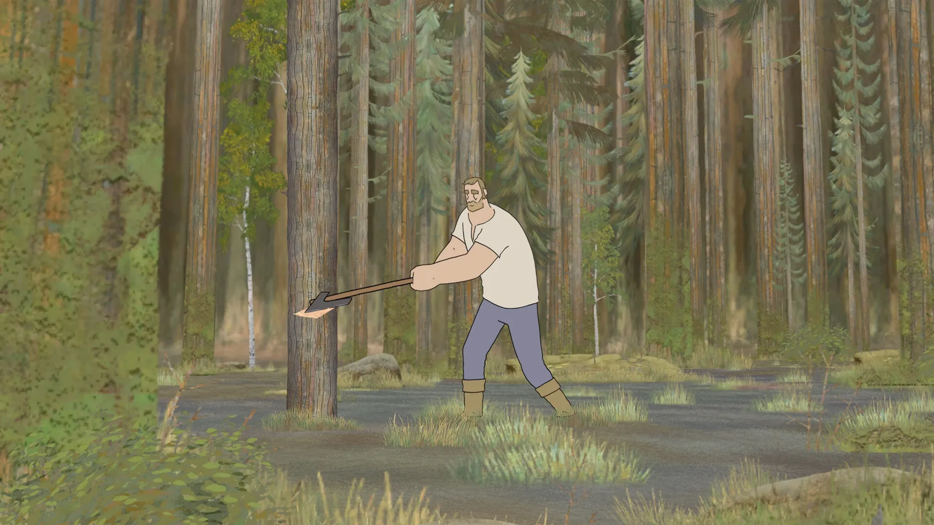 Pine: Woodworker chopping a tree in dense forest glade, surrounded by tall trees and soft undergrowth.