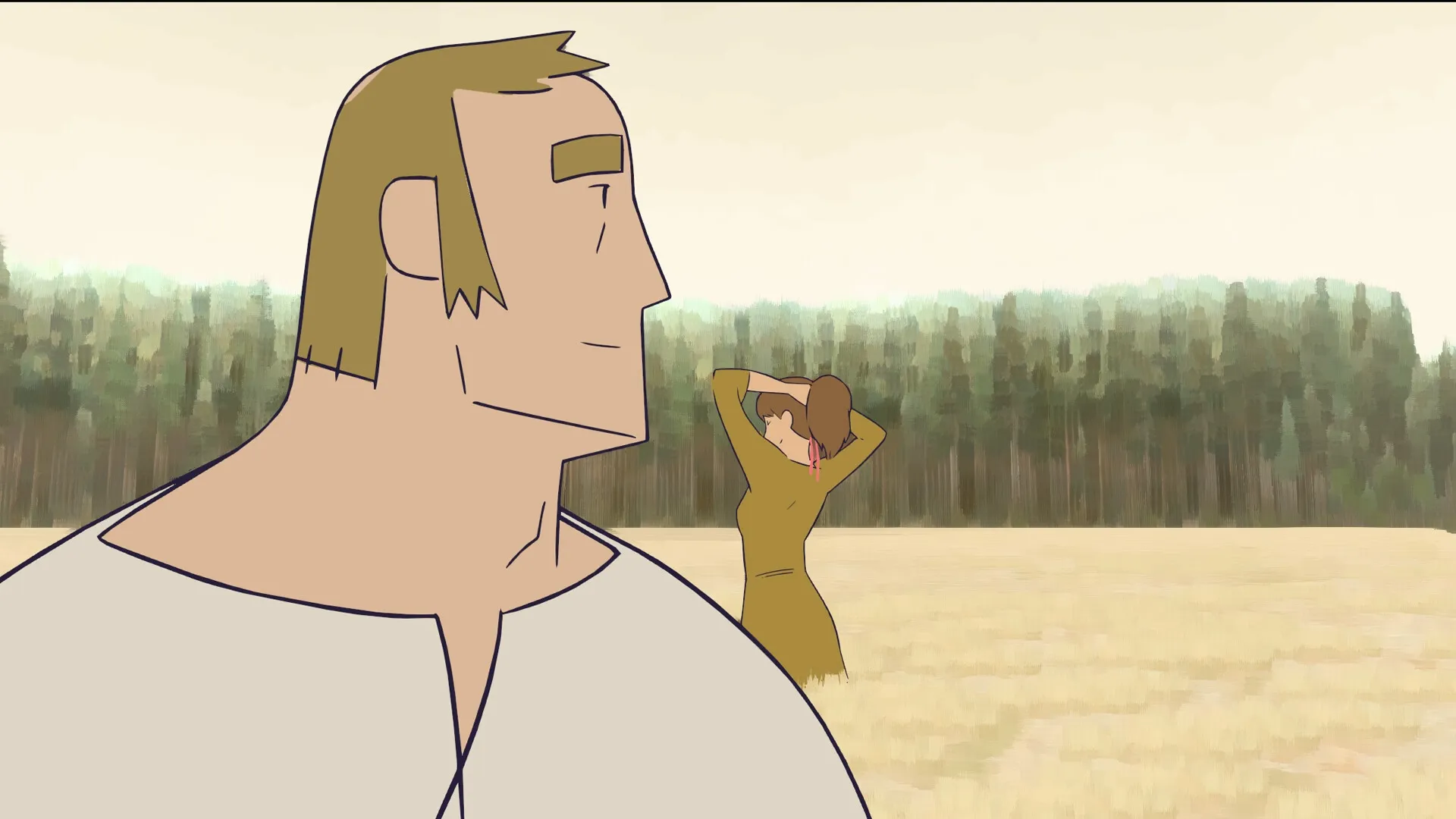 Pine: Woodworker gazes at his wife in a serene forest glade, capturing a poignant moment of memory.