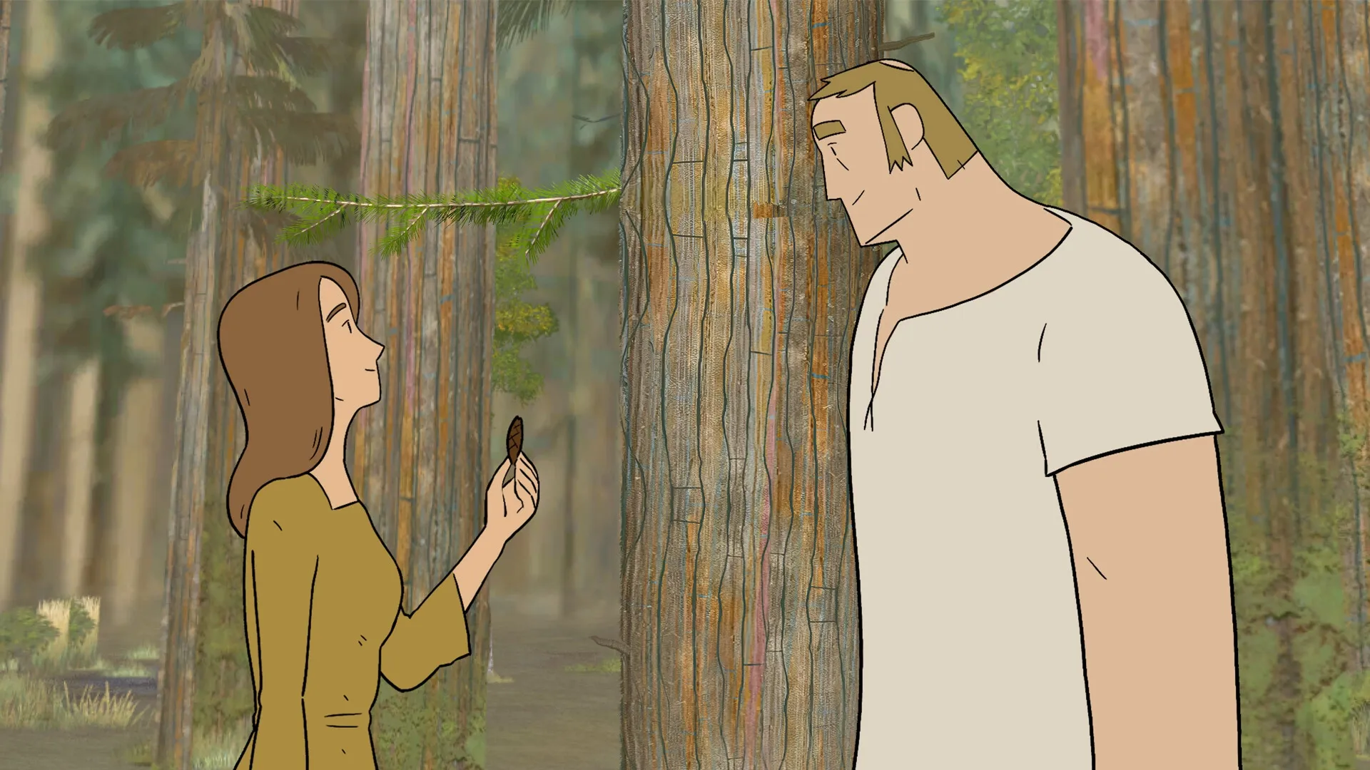 Pine: Woodworker and wife share a moment in a tranquil forest glade, surrounded by tall trees.