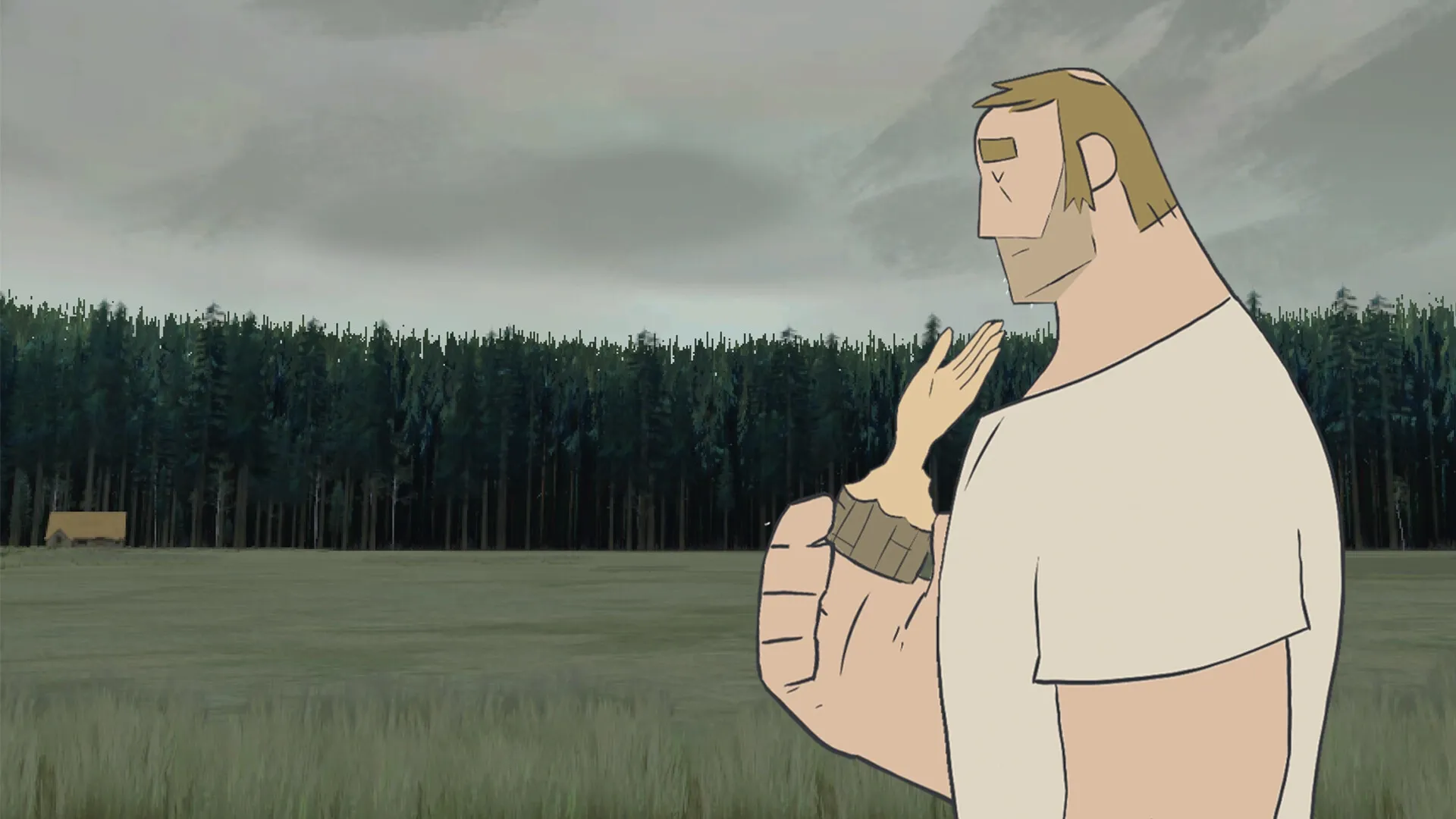 Pine: Woodworker stands solemnly in a field, holding a delicate hand, a cabin visible in the forest distance.