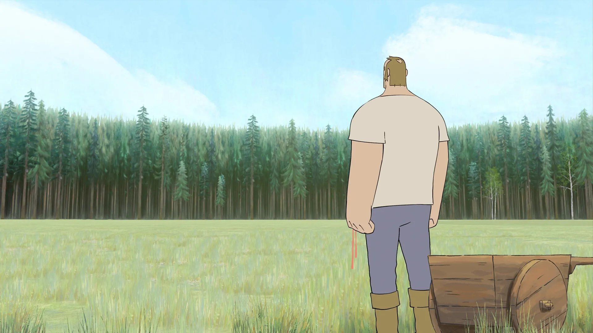 Pine: Woodworker stands in forest glade beside cart, lost in thought amidst tall trees and open field.